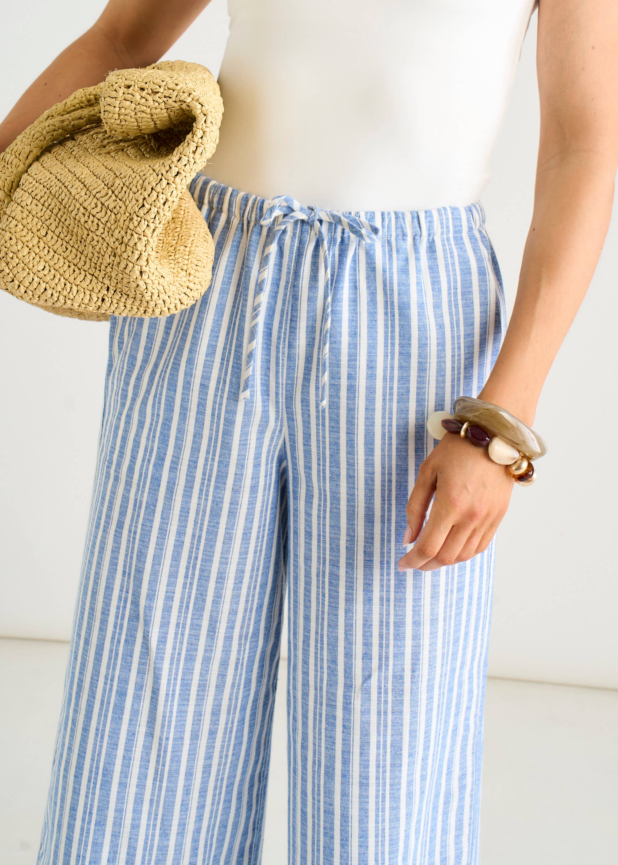 Blue Cotton and Linen Blend Stripe Trousers