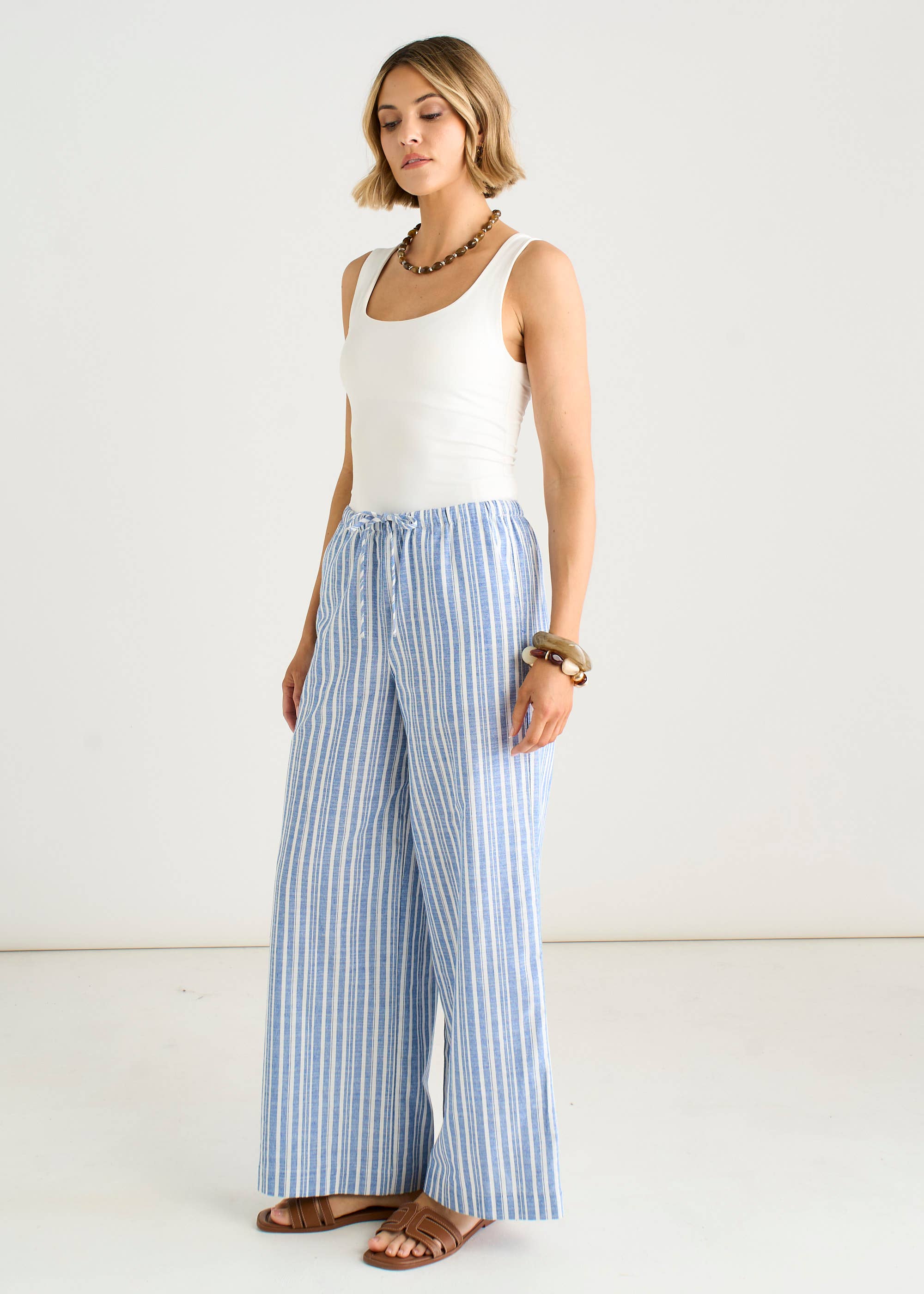 Blue Cotton and Linen Blend Stripe Trousers