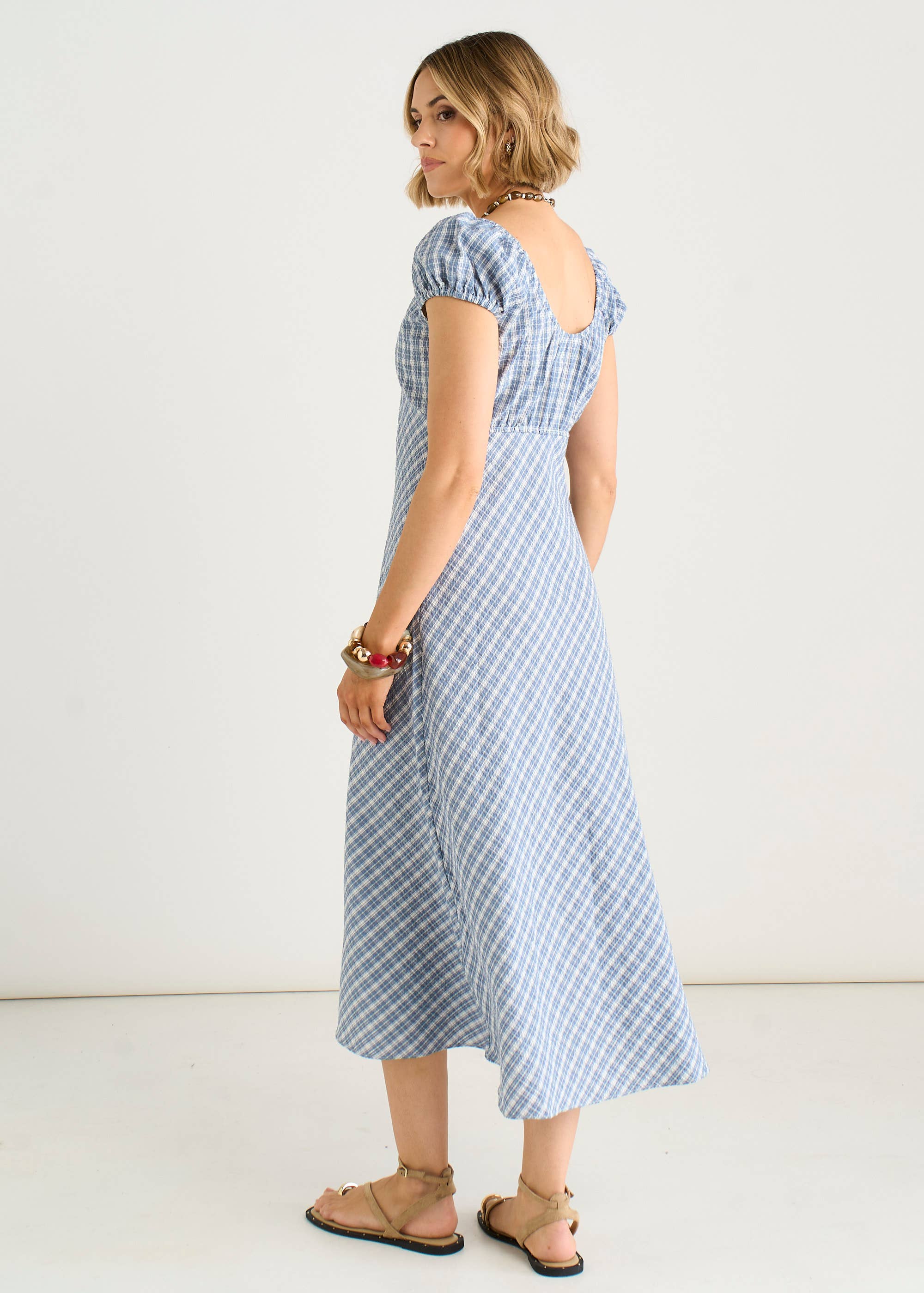Blue V Neck Textured Gingham Midi Dress