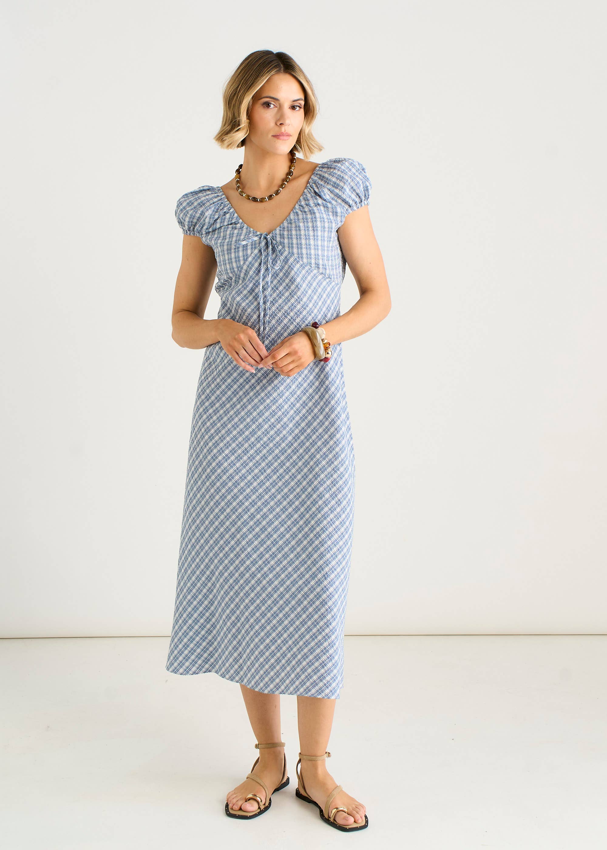 Blue V Neck Textured Gingham Midi Dress