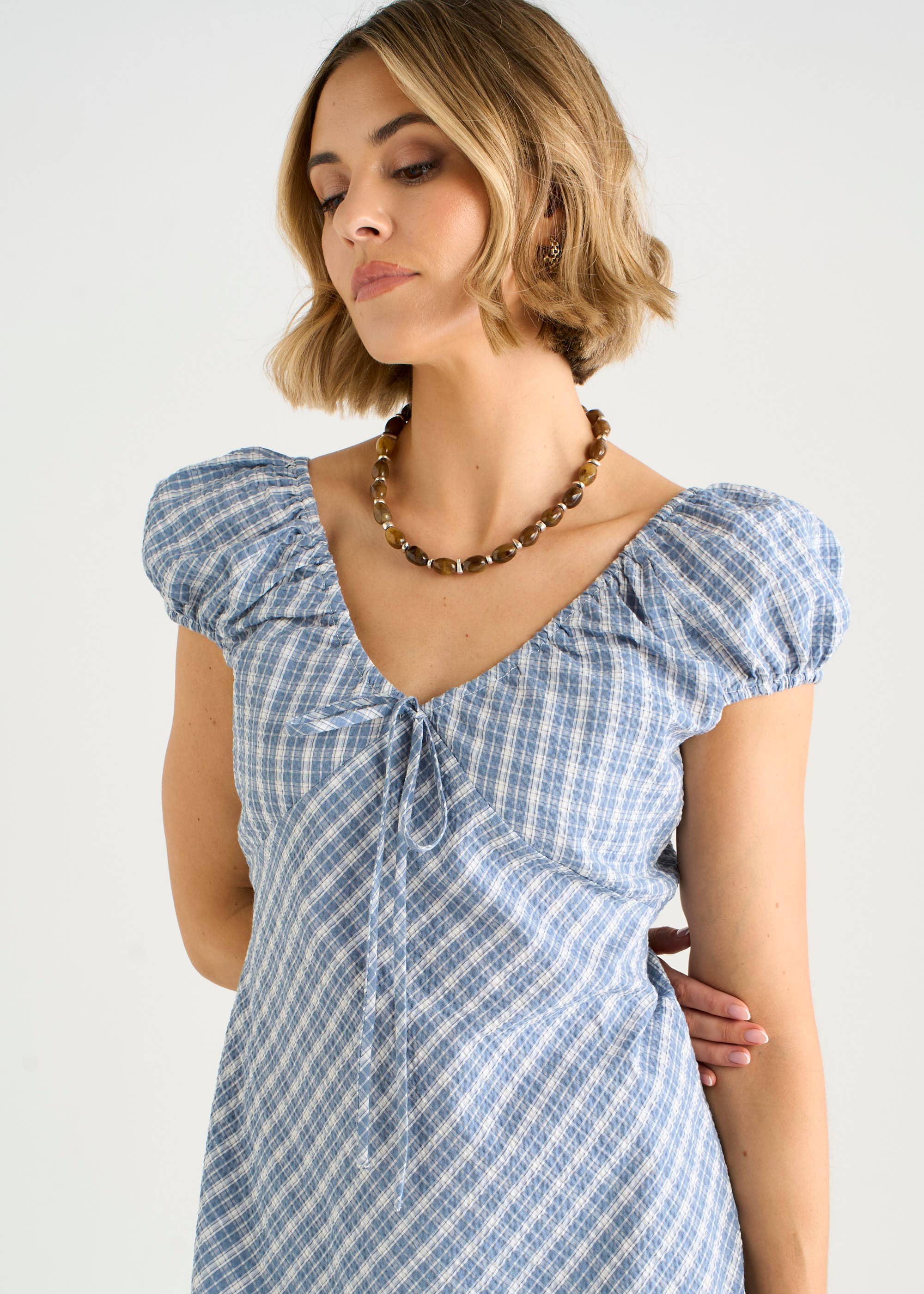 Blue V Neck Textured Gingham Midi Dress