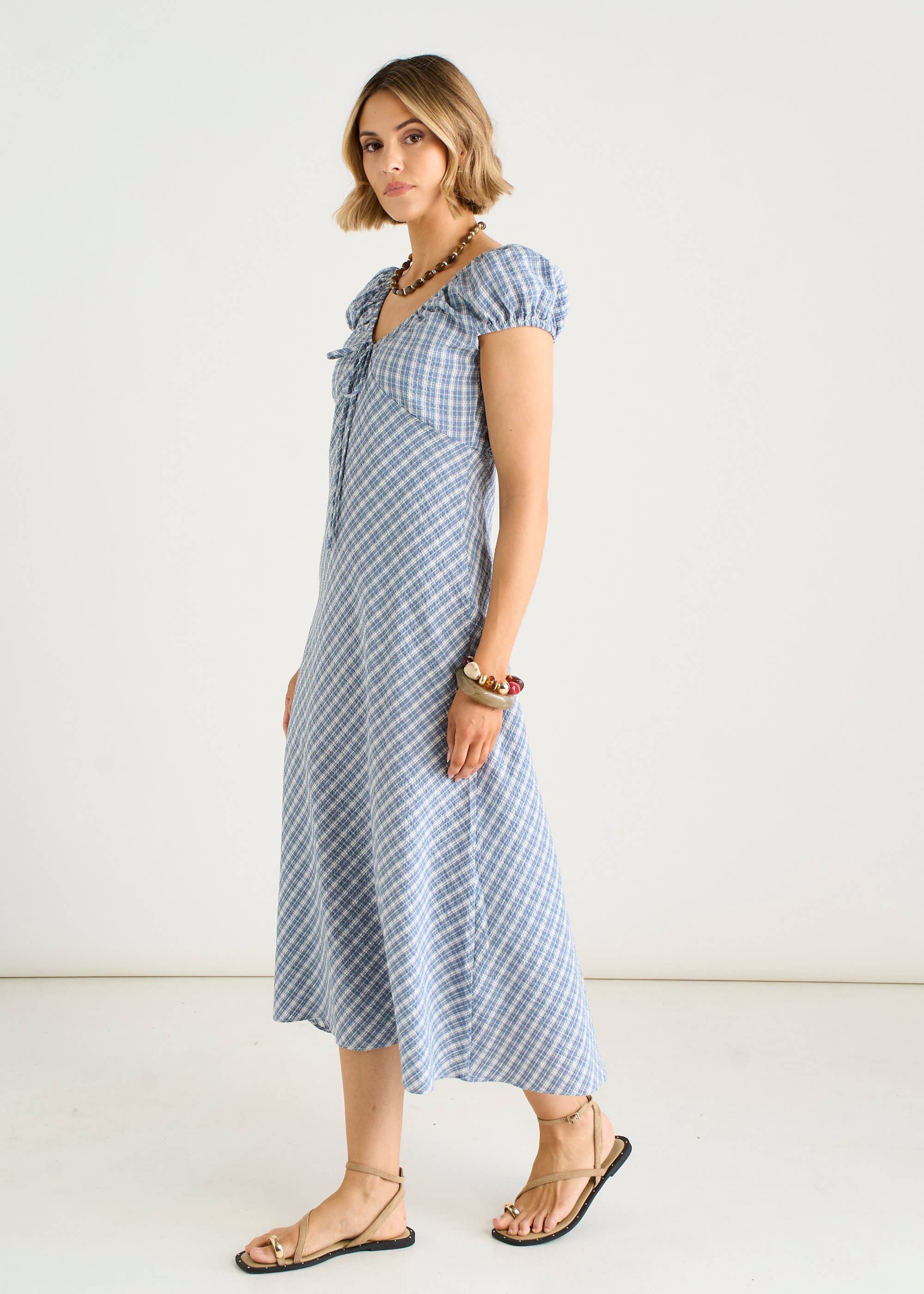 Blue V Neck Textured Gingham Midi Dress
