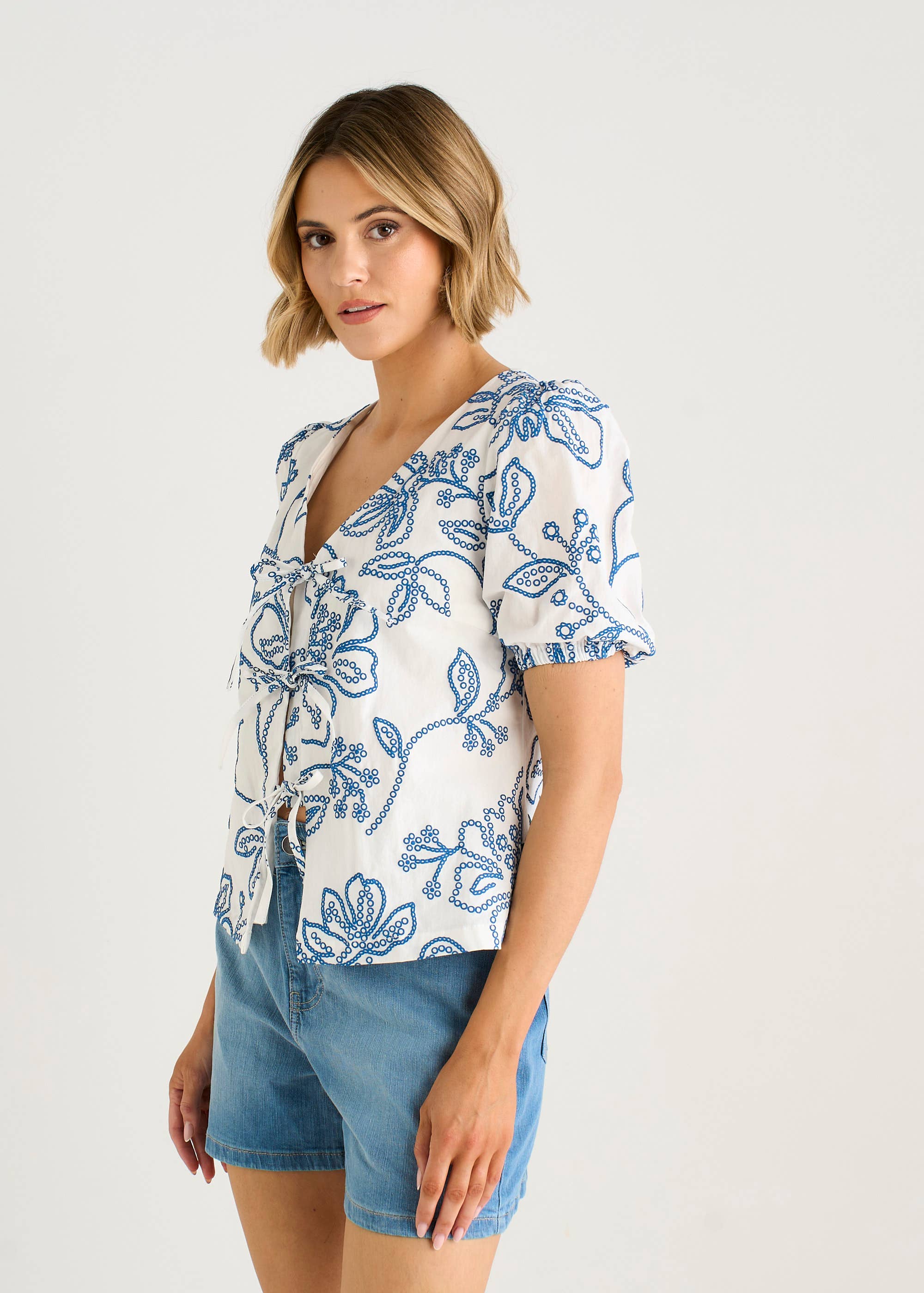 White Textured Floral Print Tie Front Top
