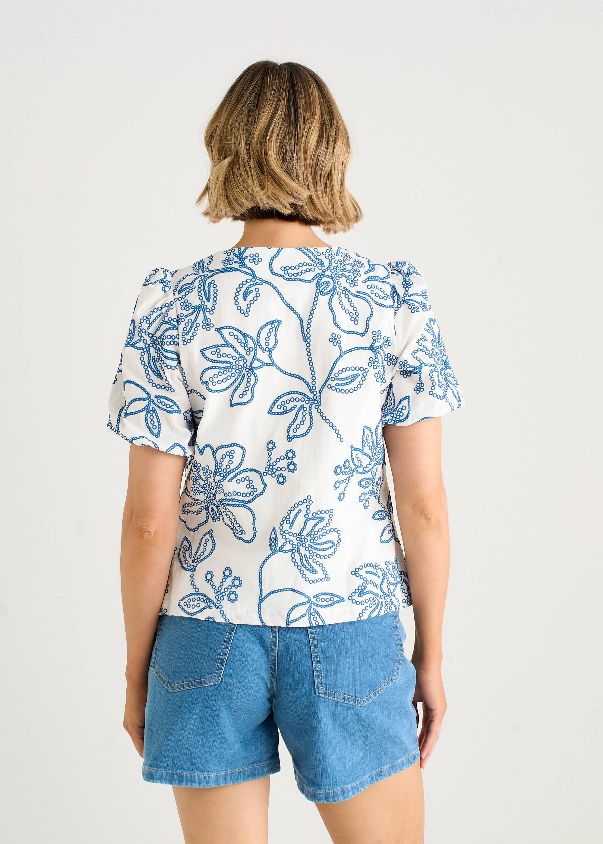 White Textured Floral Print Tie Front Top