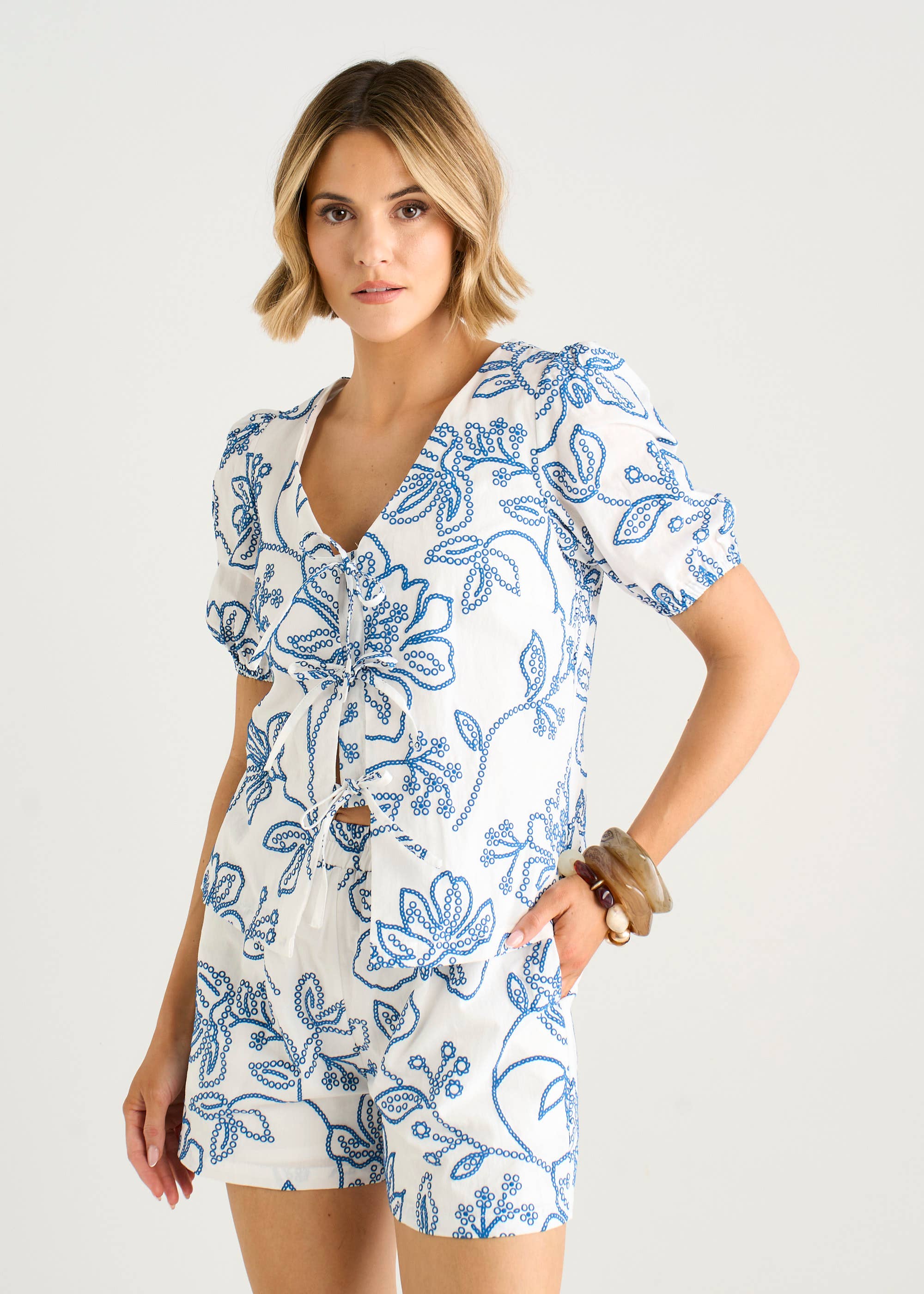 White Textured Floral Print Tie Front Top