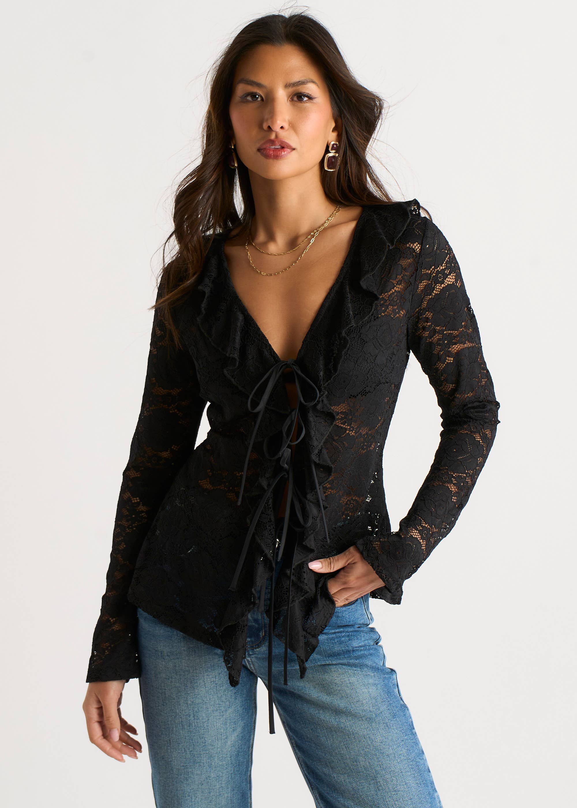 Black Jersey Lace Ruffle Tie Front Blouse