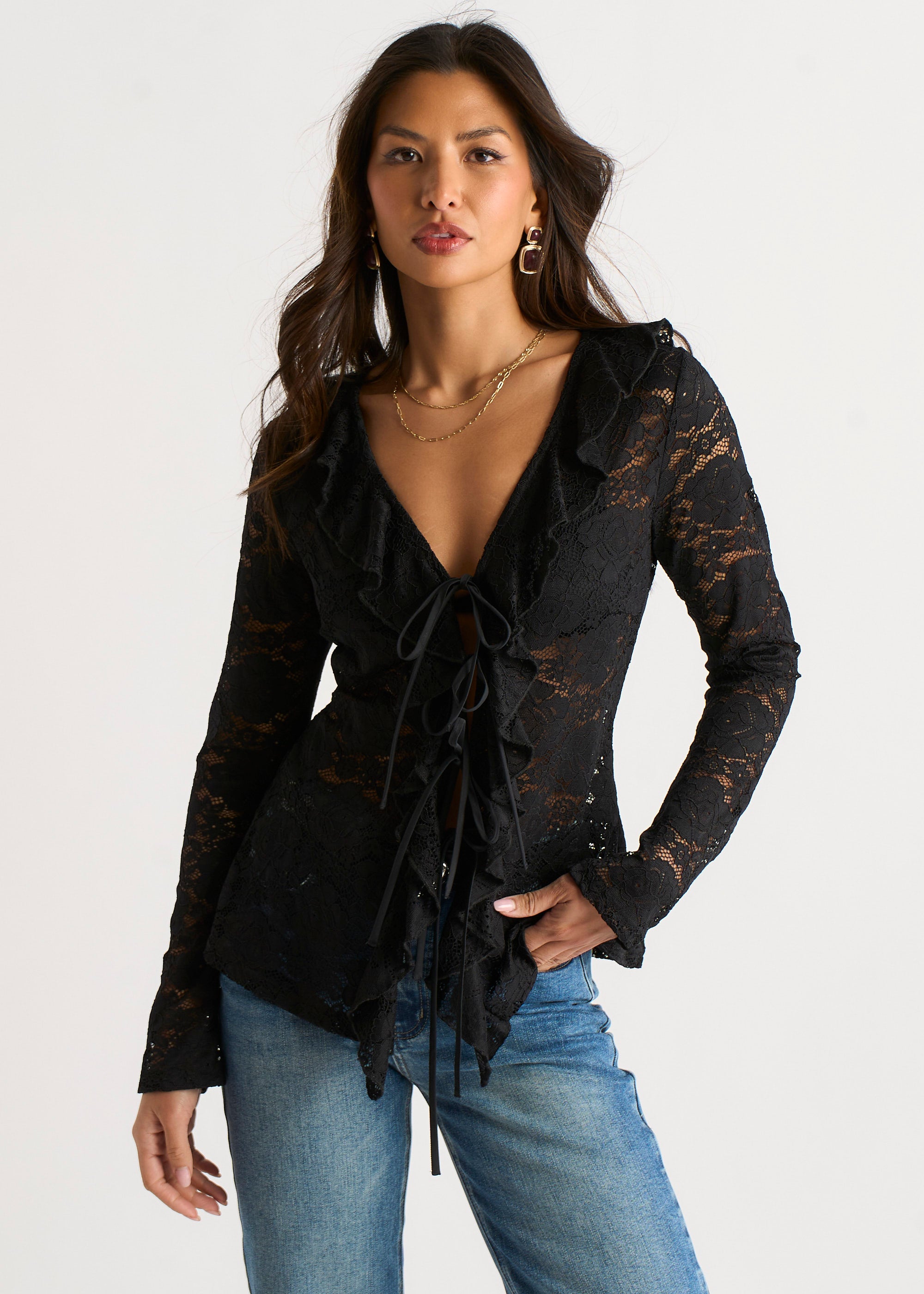 Black Jersey Lace Ruffle Tie Front Blouse