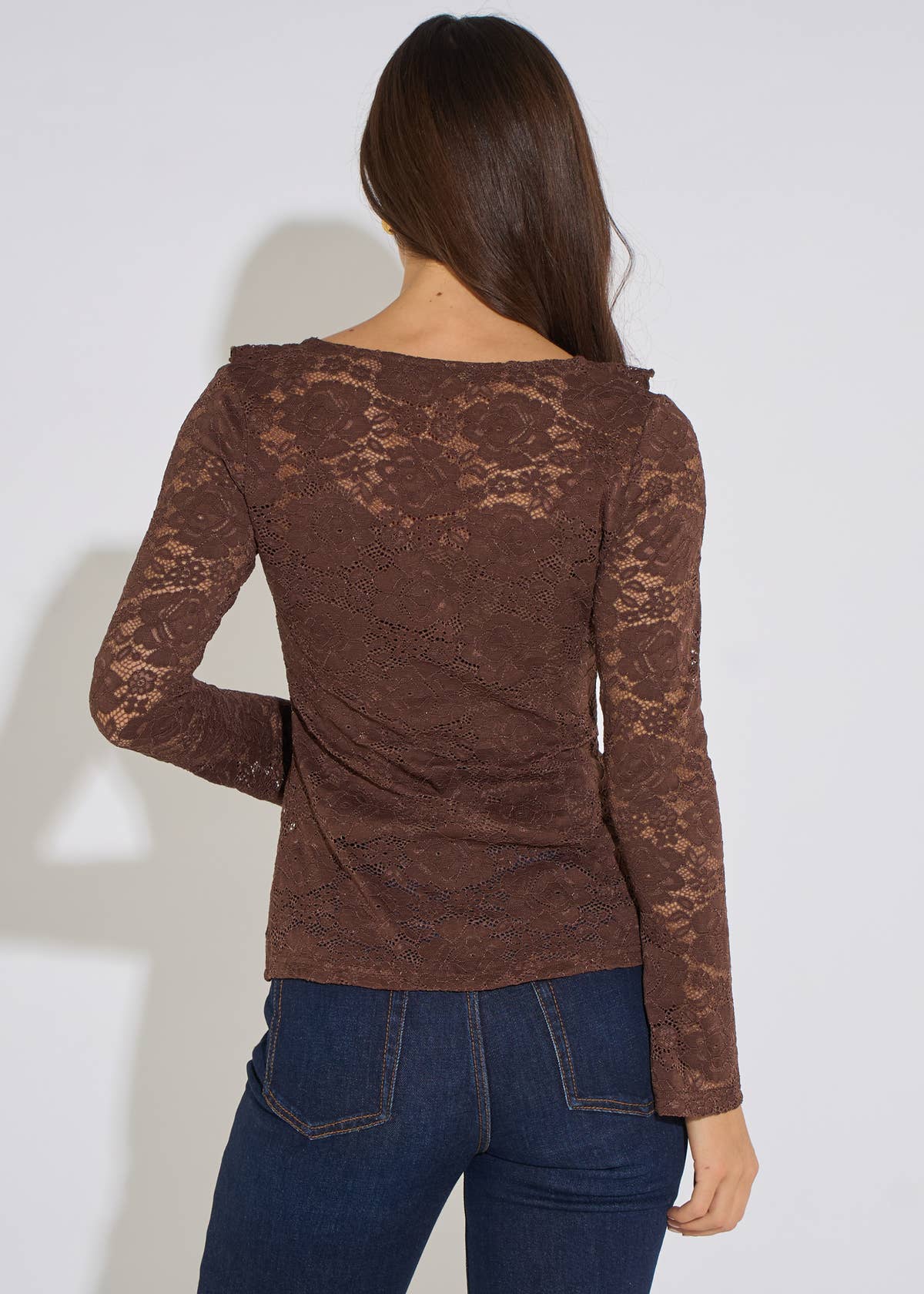 Brown Jersey Lace Ruffle Tie Front Blouse