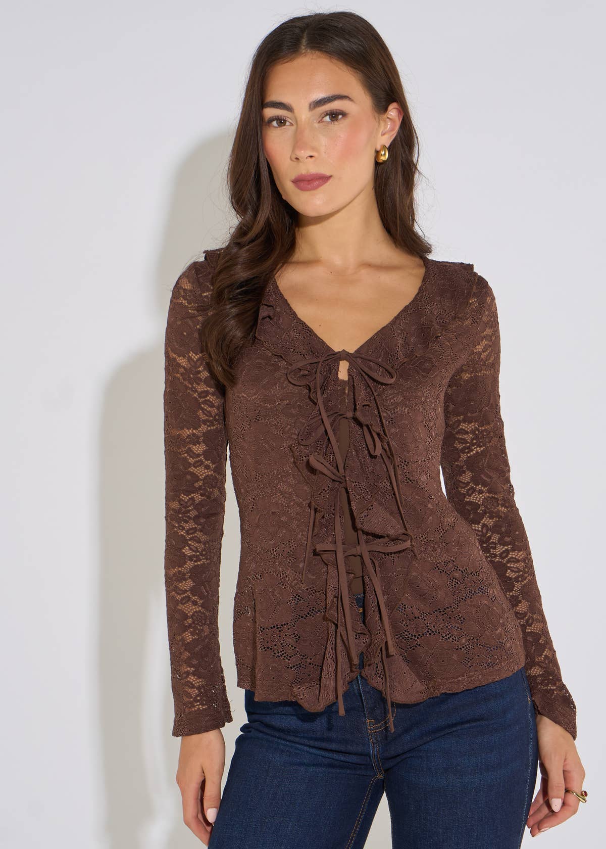 Brown Jersey Lace Ruffle Tie Front Blouse