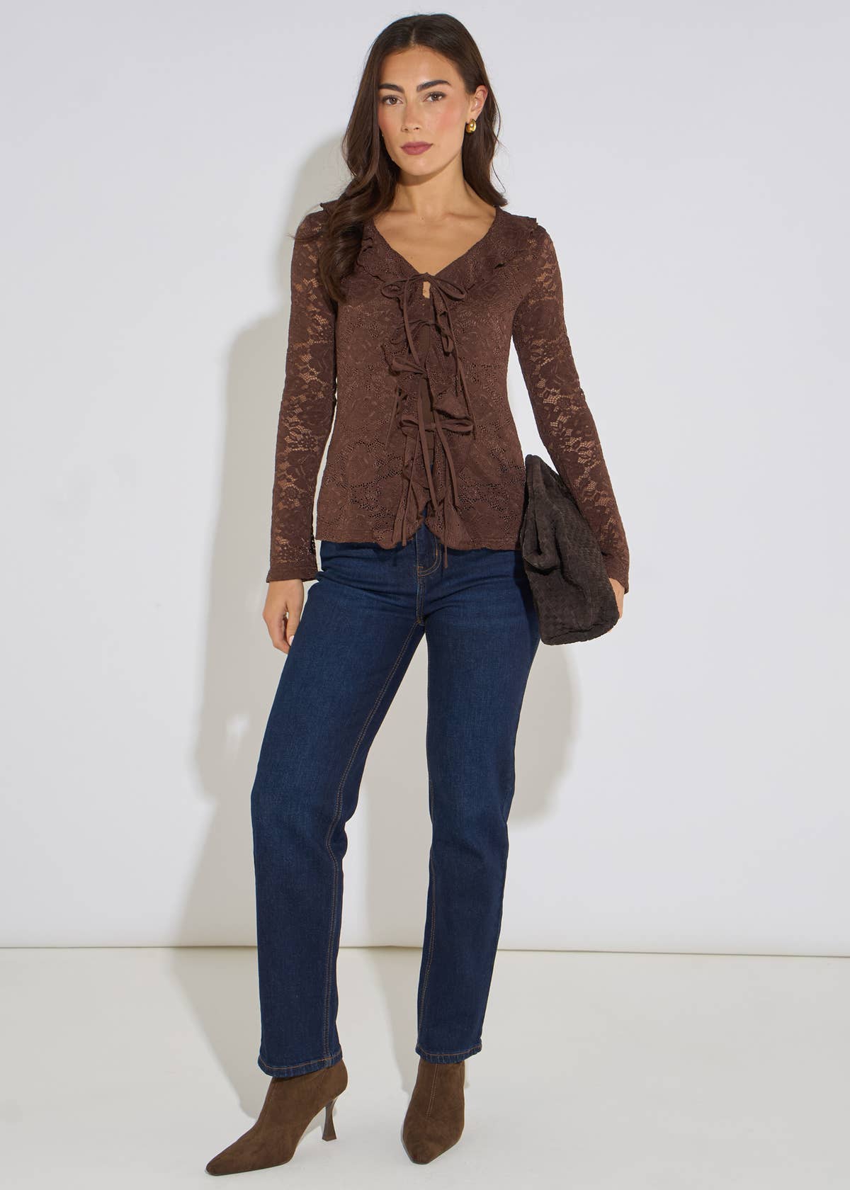 Brown Jersey Lace Ruffle Tie Front Blouse