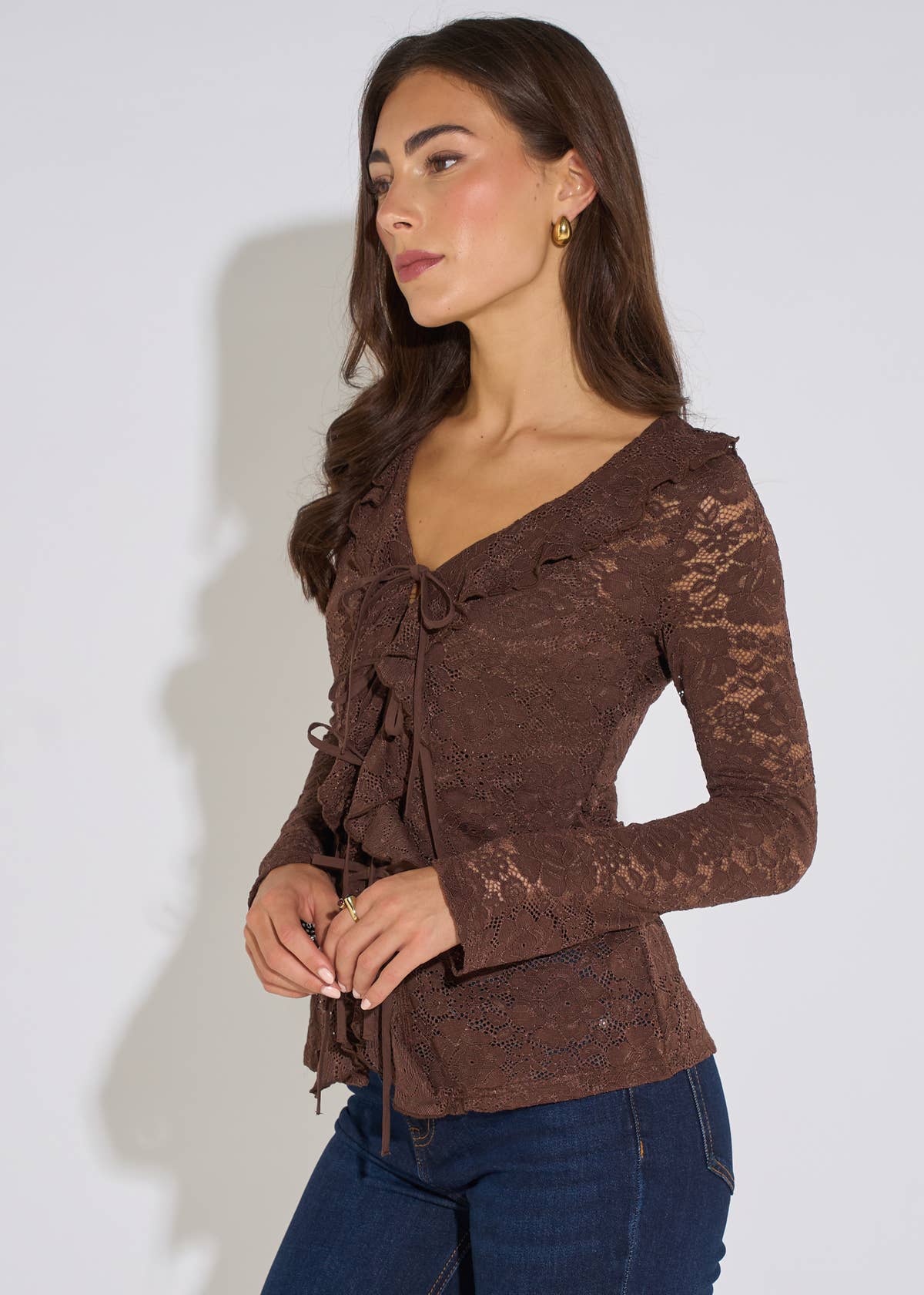 Brown Jersey Lace Ruffle Tie Front Blouse
