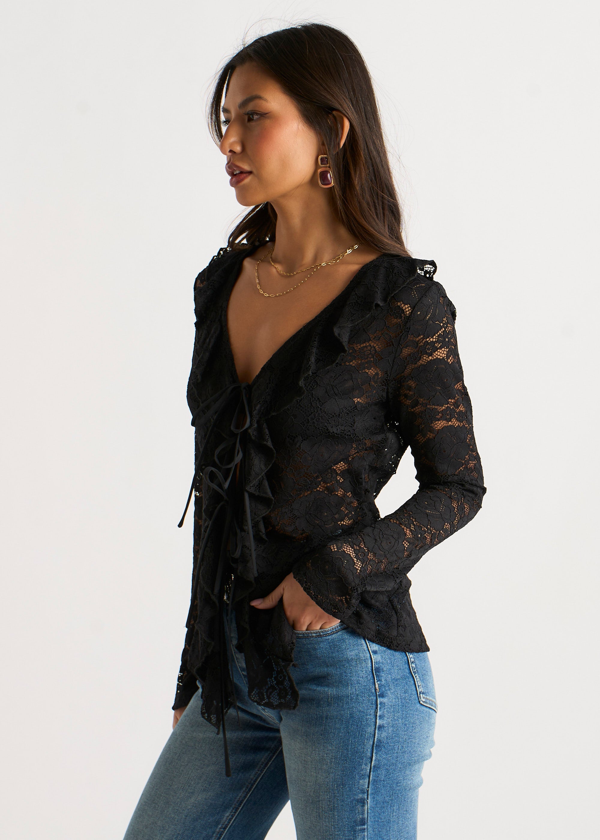 Black Jersey Lace Ruffle Tie Front Blouse
