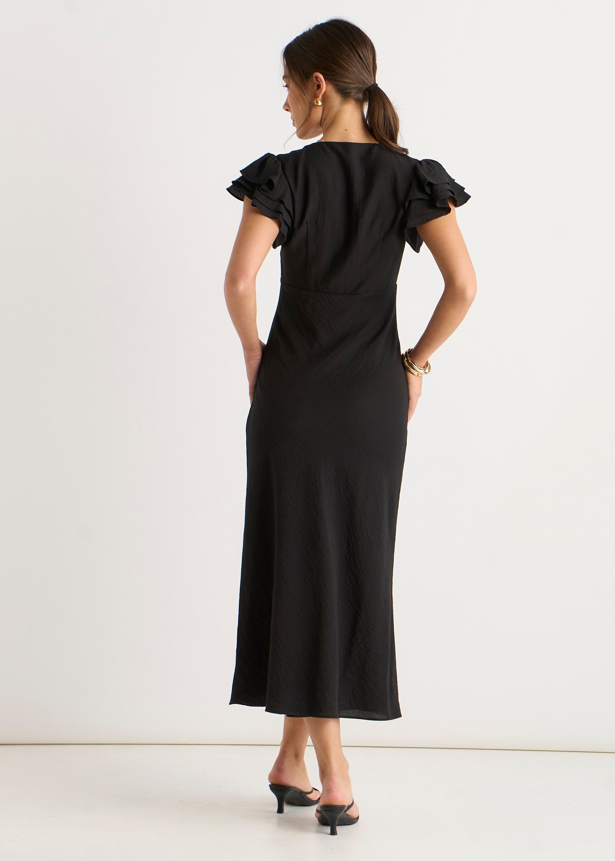 Black V Neck Soft Crinkle Finish Ruffle Bias Midi Dress