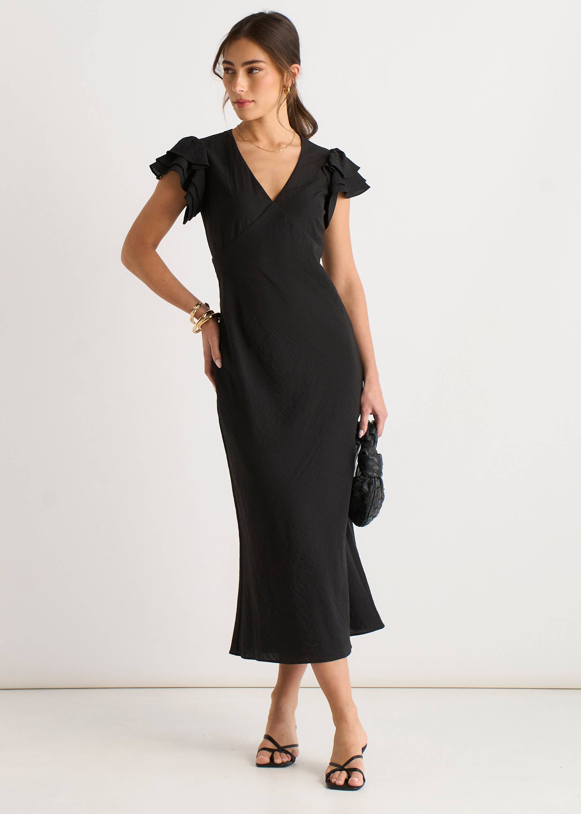 Black V Neck Soft Crinkle Finish Ruffle Bias Midi Dress