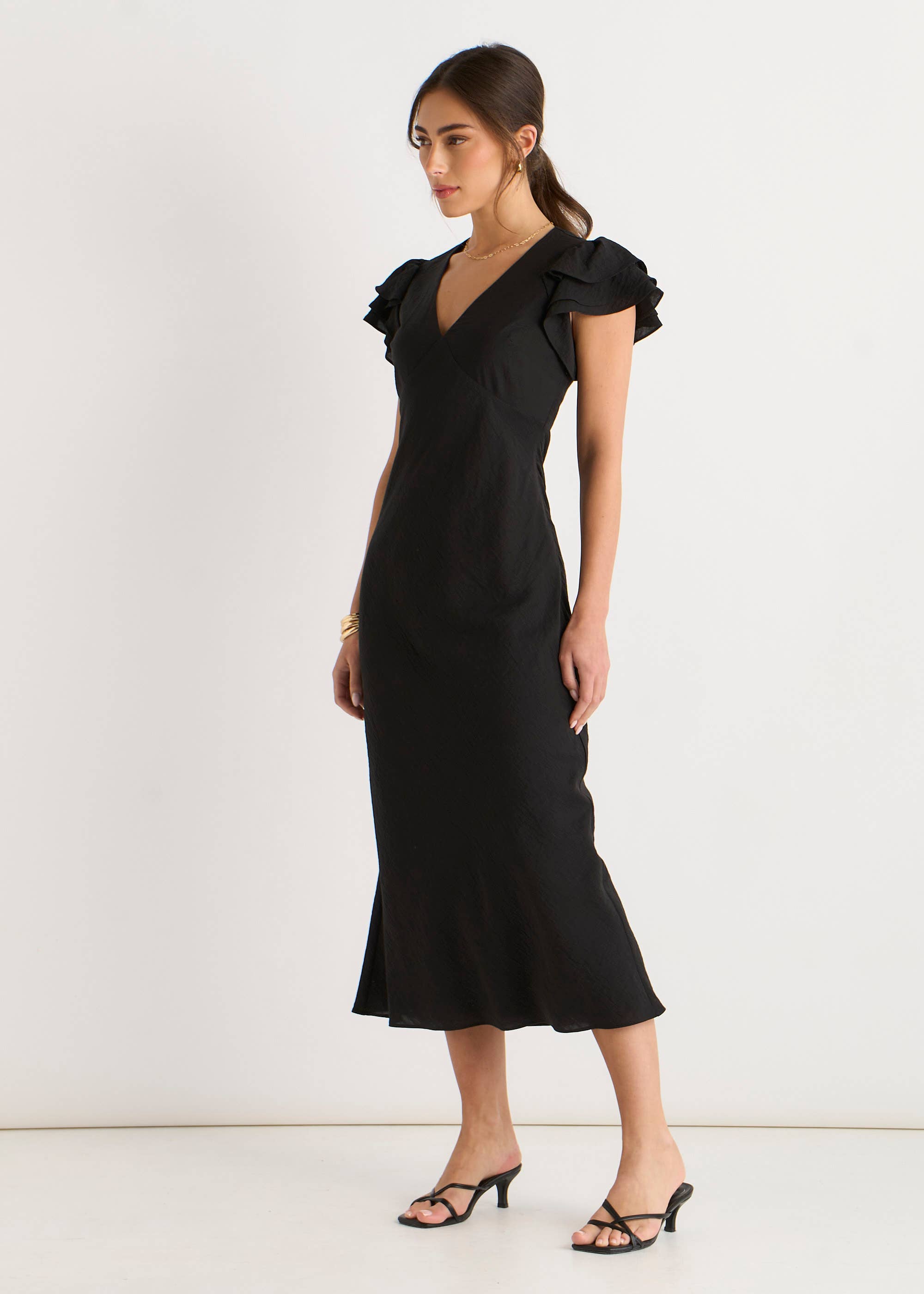 Black V Neck Soft Crinkle Finish Ruffle Bias Midi Dress