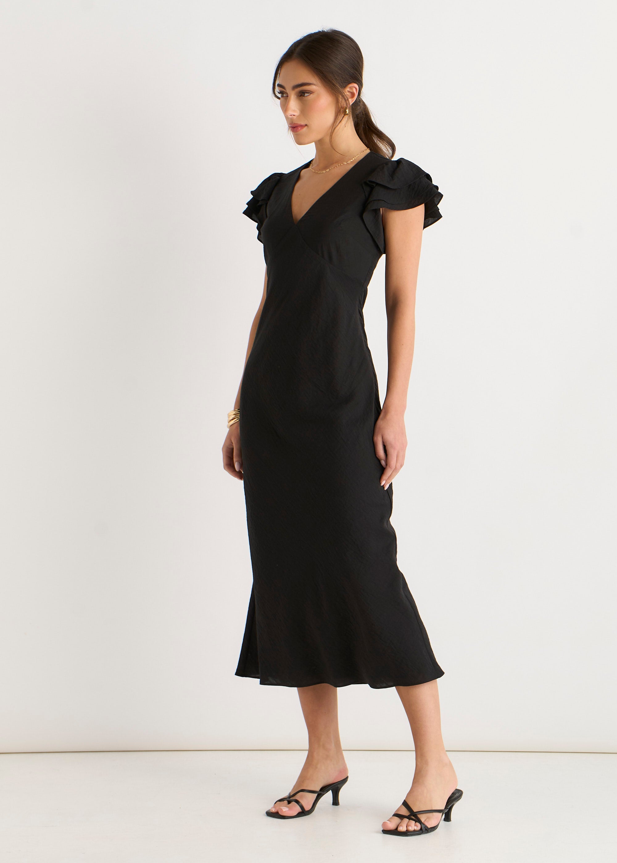 Black V Neck Soft Crinkle Finish Ruffle Bias Midi Dress