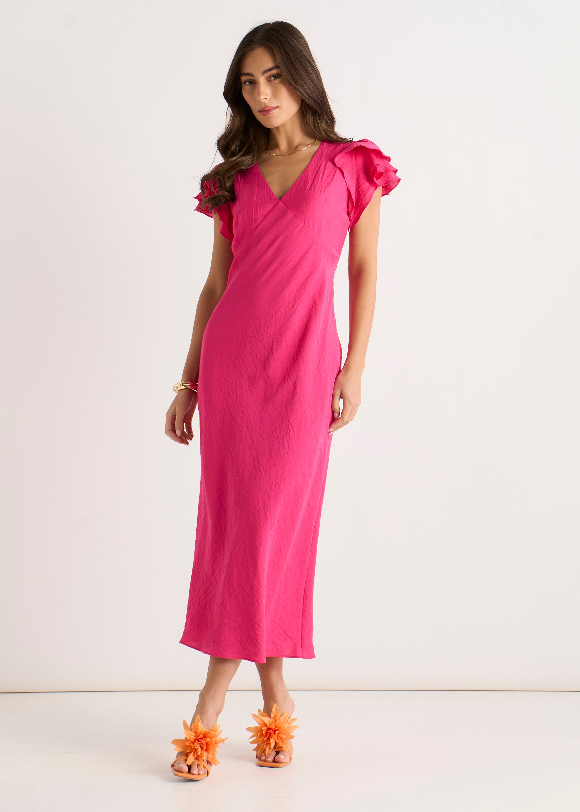 Pink V Neck Ruffle Bias Midi Dress