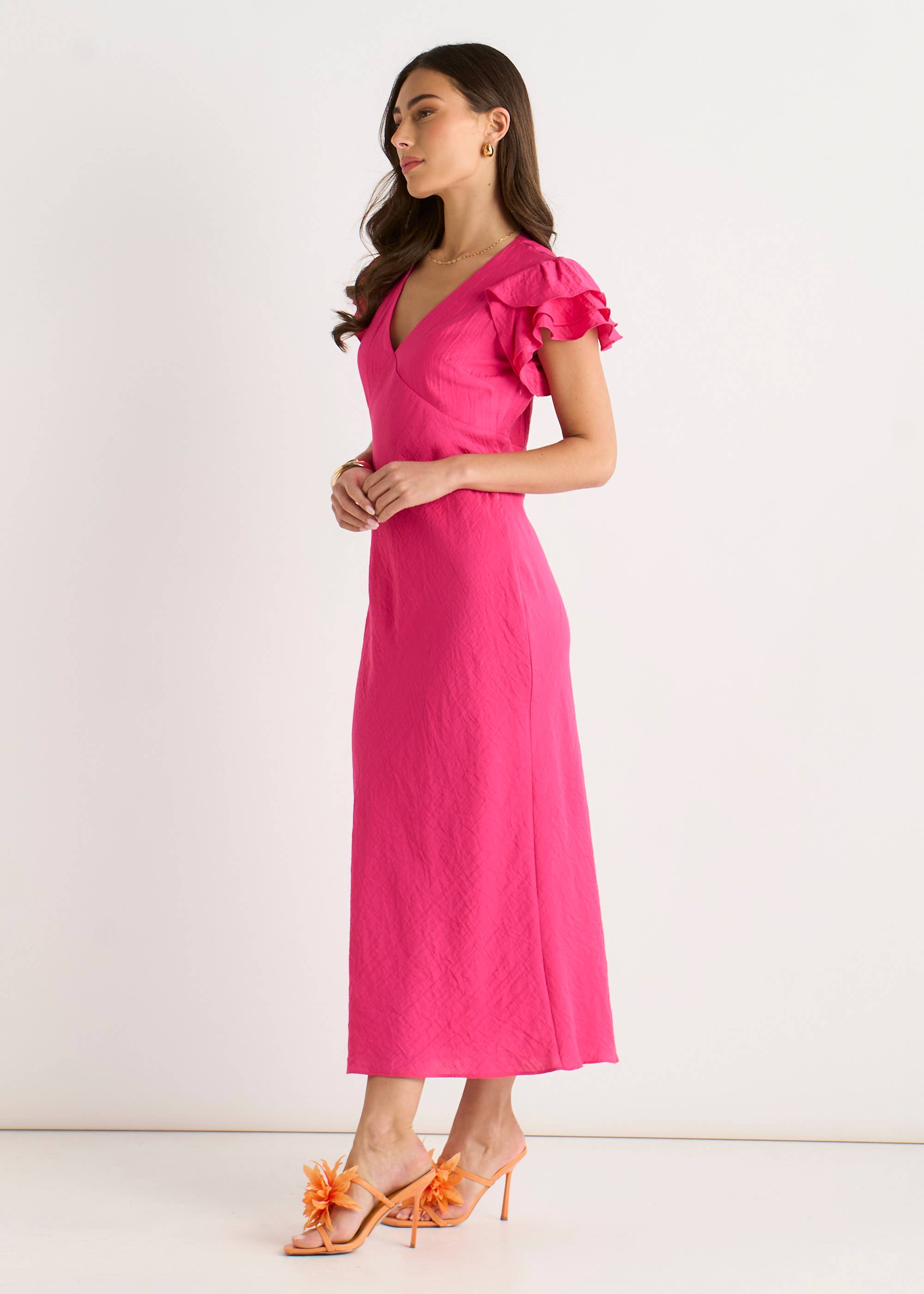 Pink V Neck Soft Crinkle Finish Ruffle Bias Midi Dress