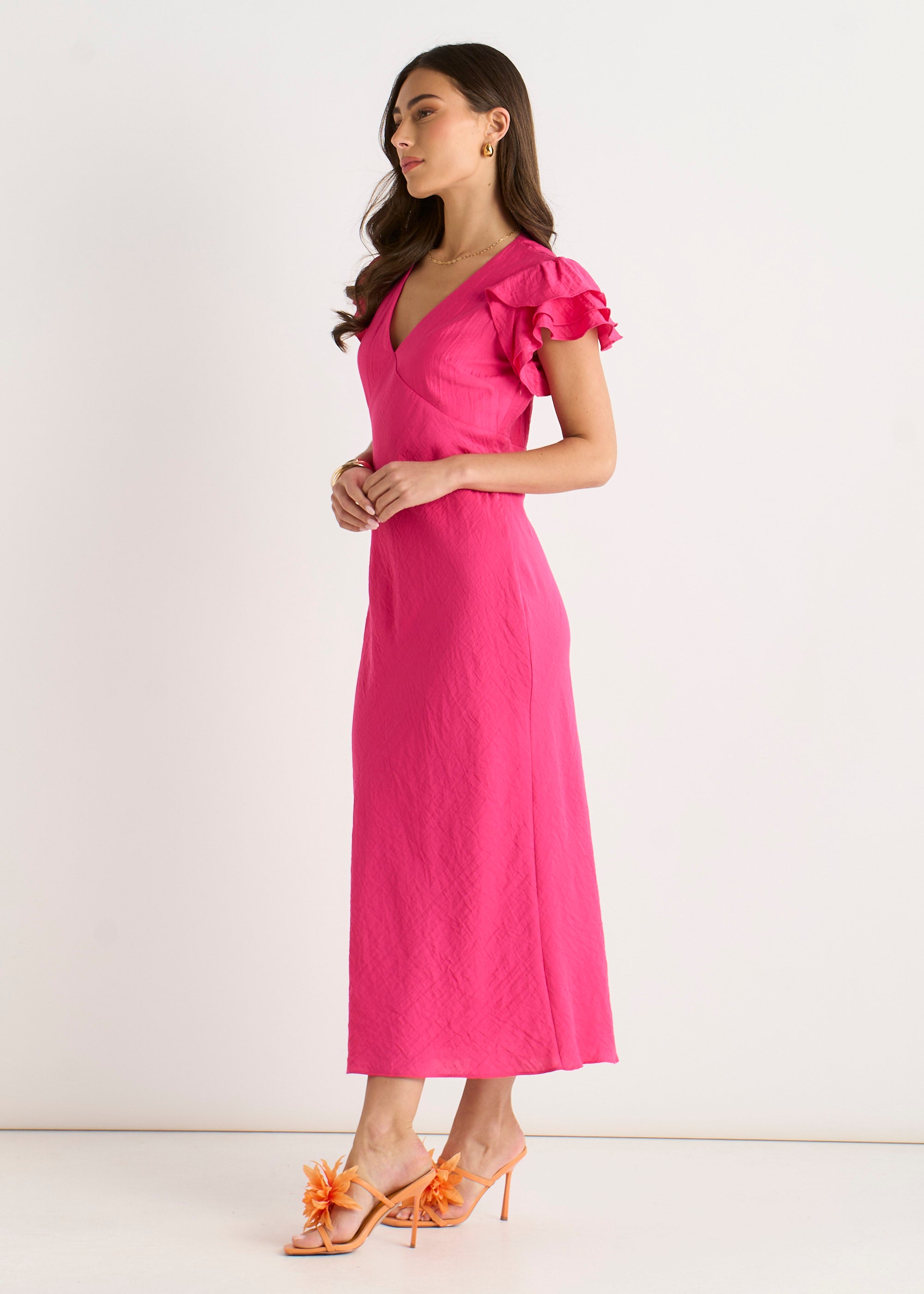Pink V Neck Ruffle Bias Midi Dress