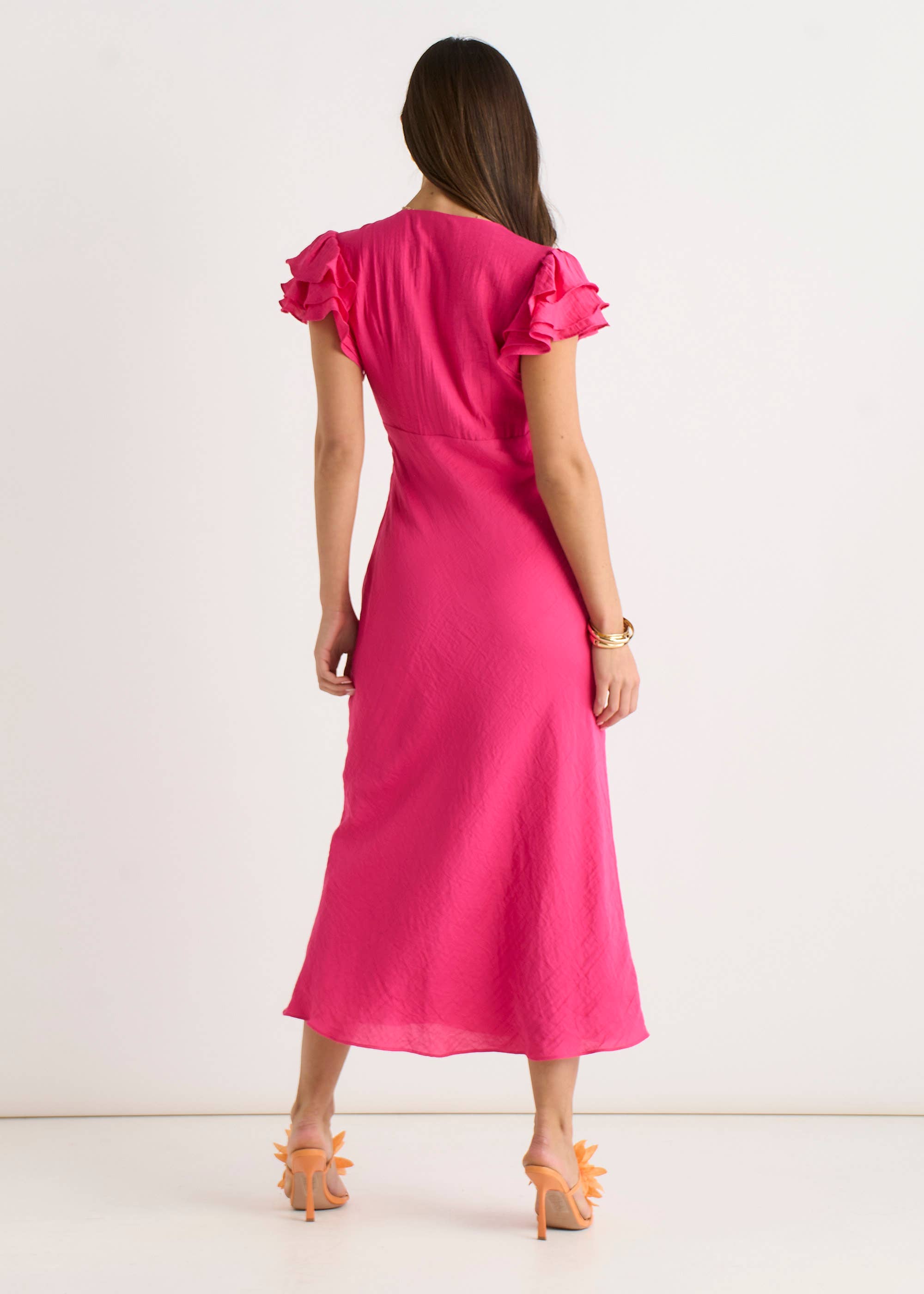 Pink V Neck Soft Crinkle Finish Ruffle Bias Midi Dress