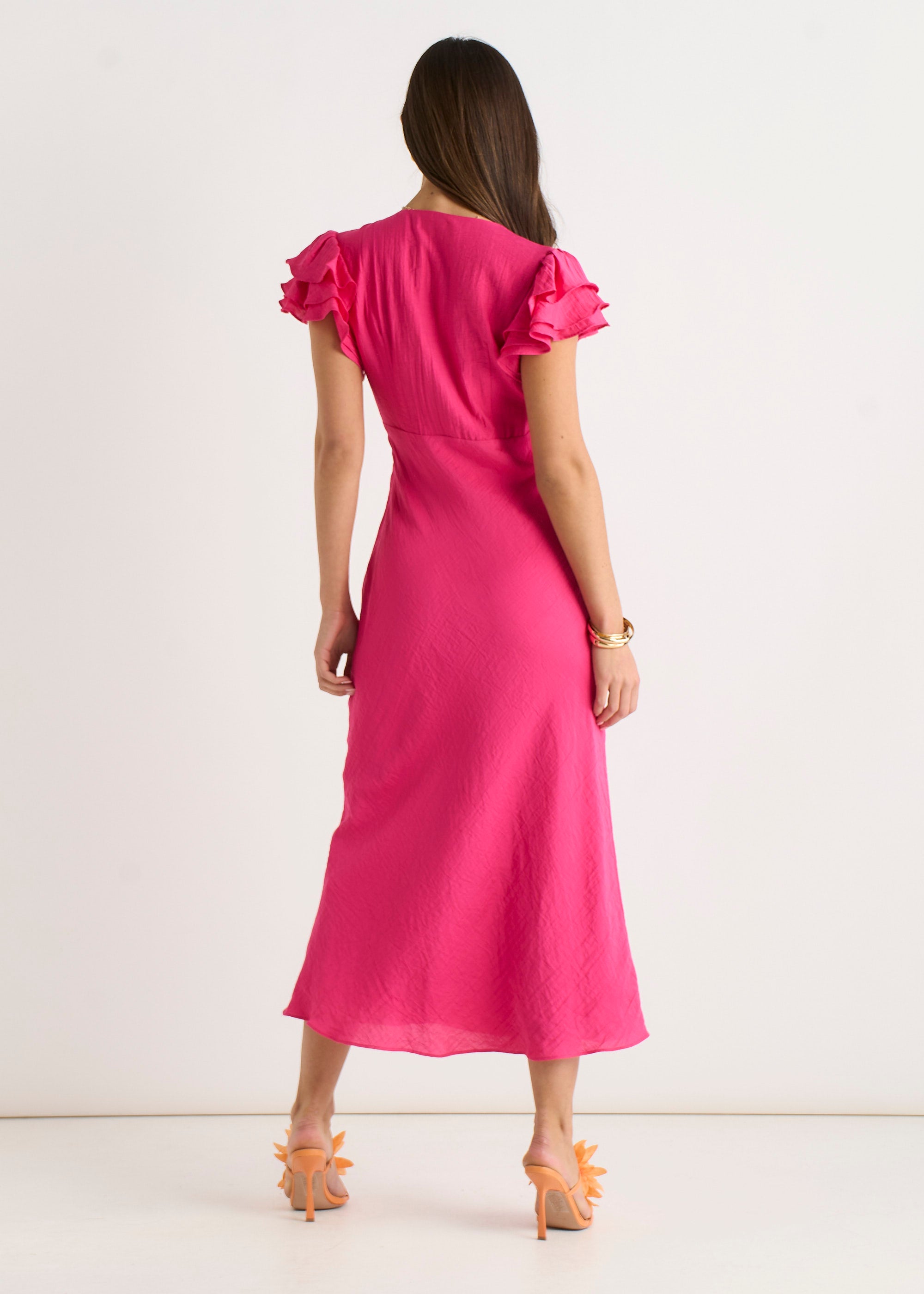 Pink V Neck Ruffle Bias Midi Dress