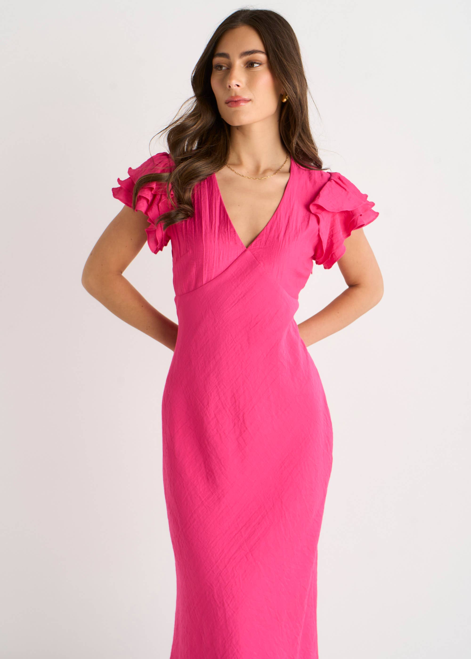 Pink V Neck Soft Crinkle Finish Ruffle Bias Midi Dress