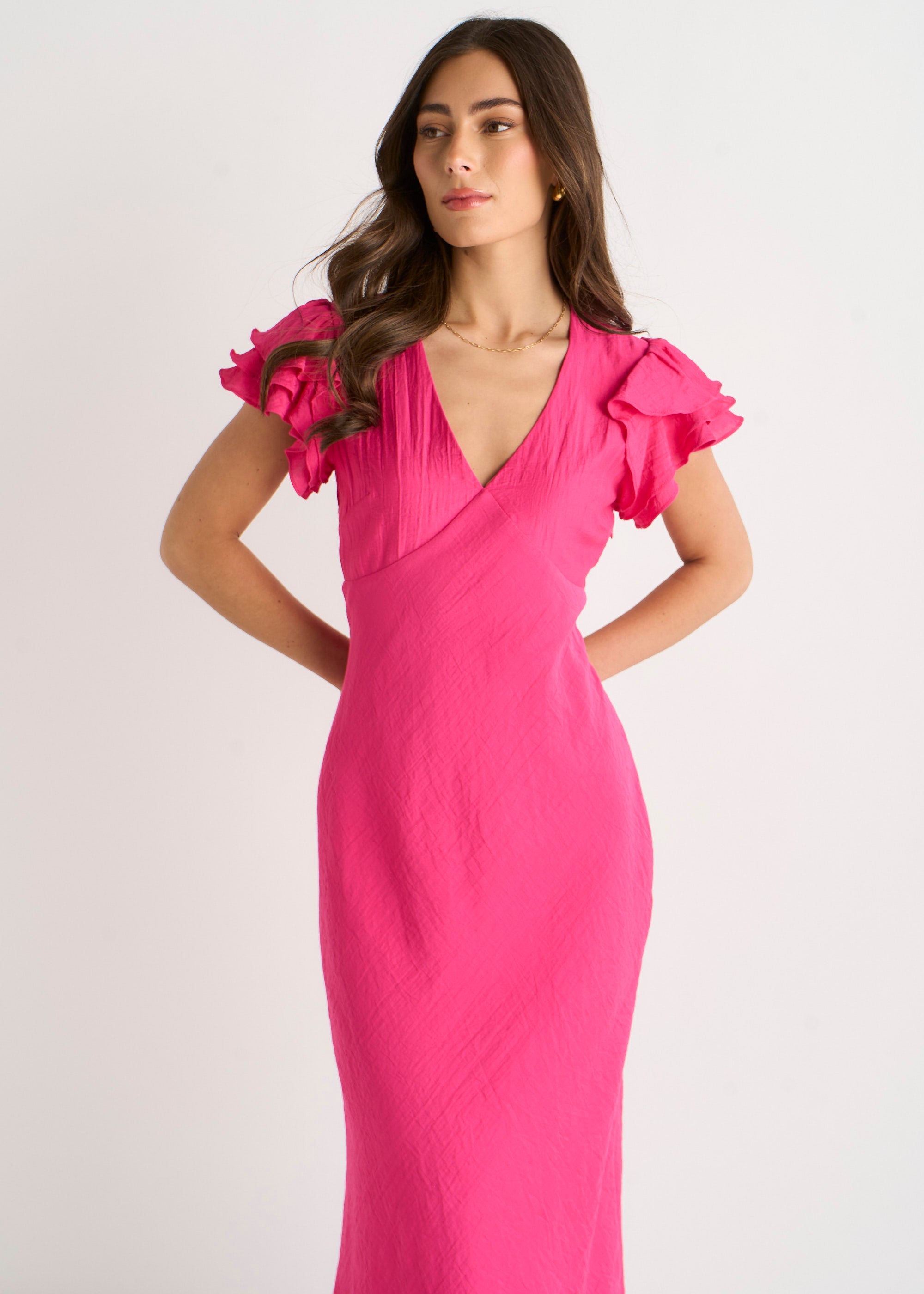 Pink V Neck Soft Crinkle Finish Ruffle Bias Midi Dress