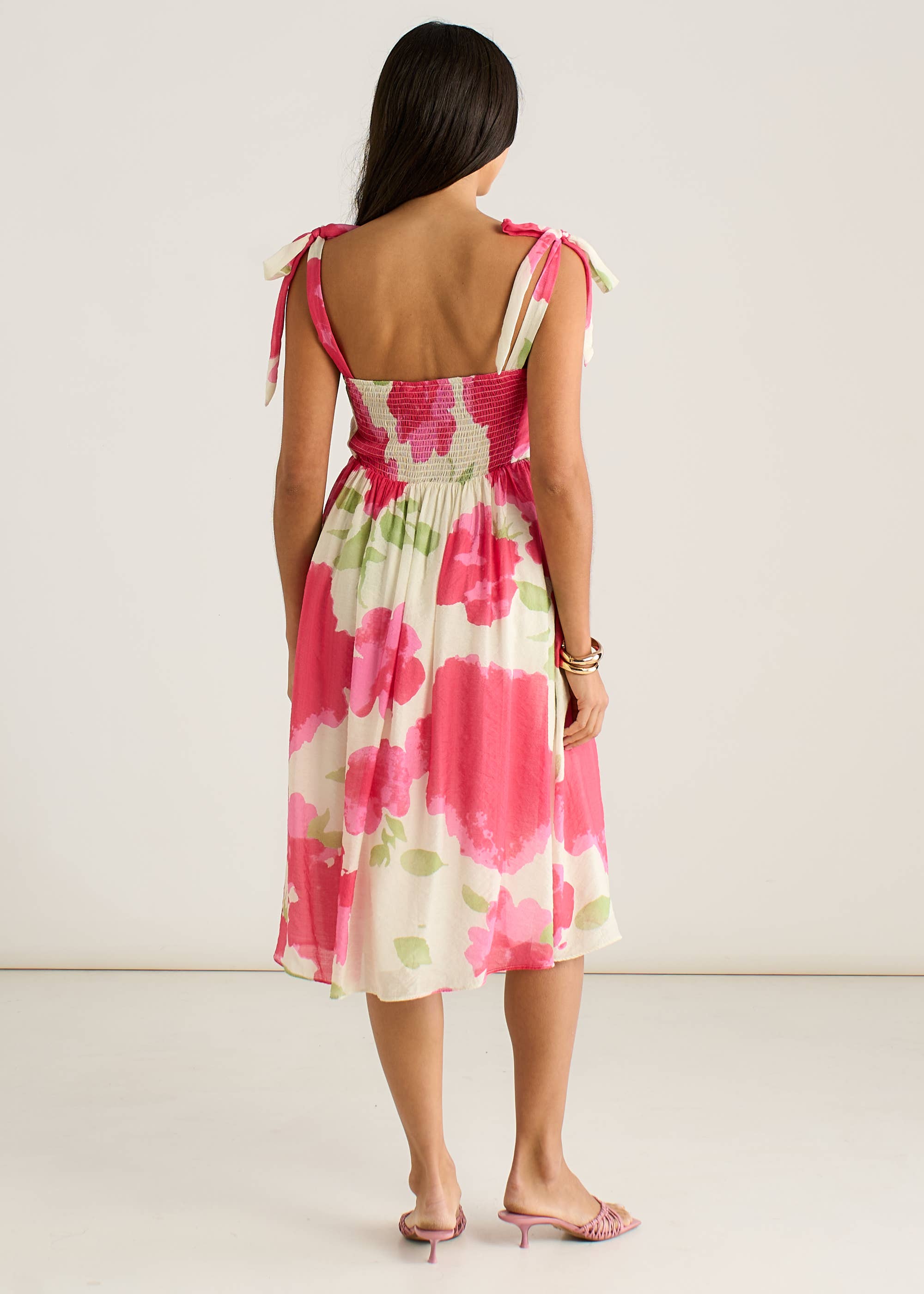 Pink Floral Tie Straps Midi Dress