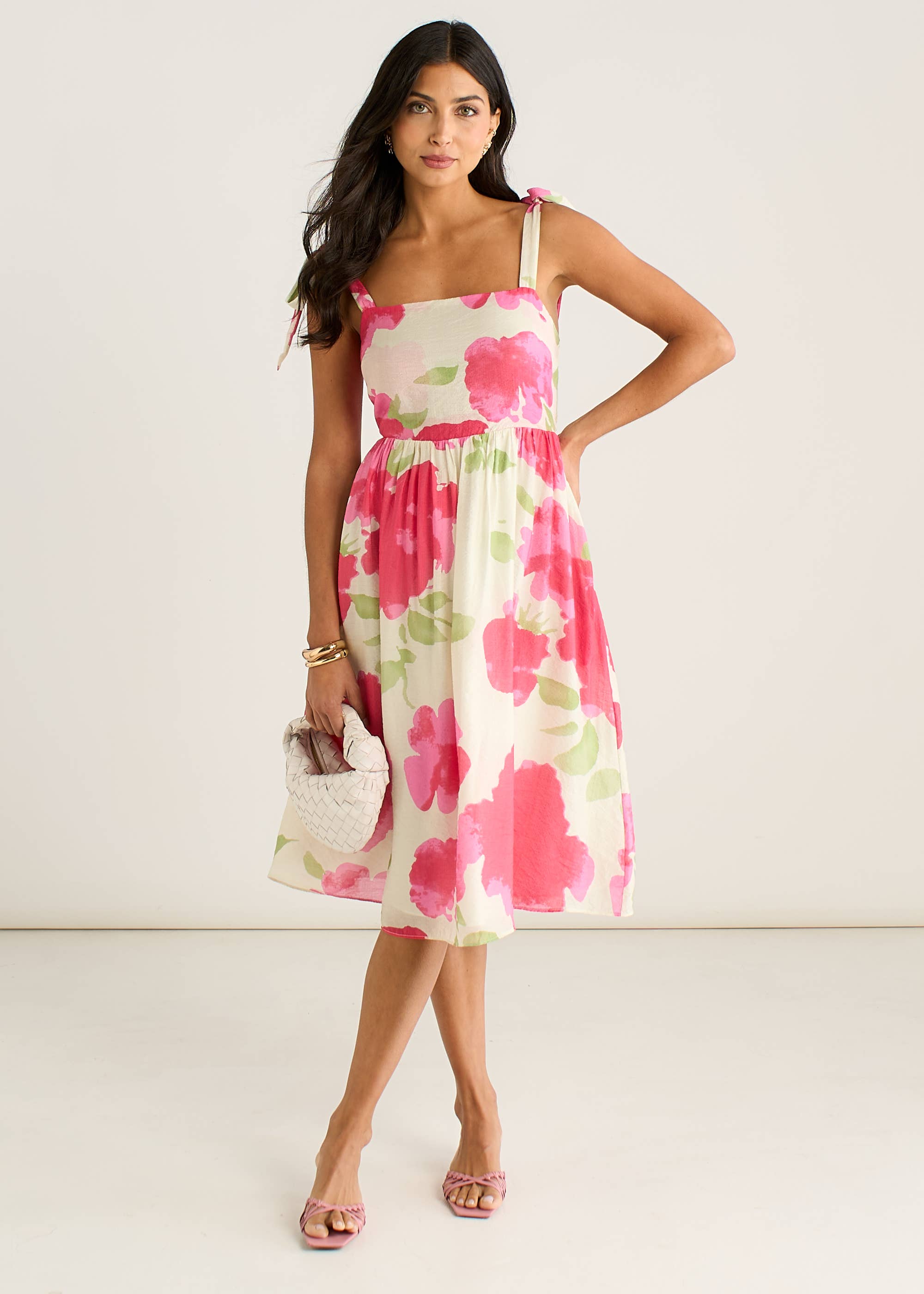 Pink Floral Tie Straps Midi Dress
