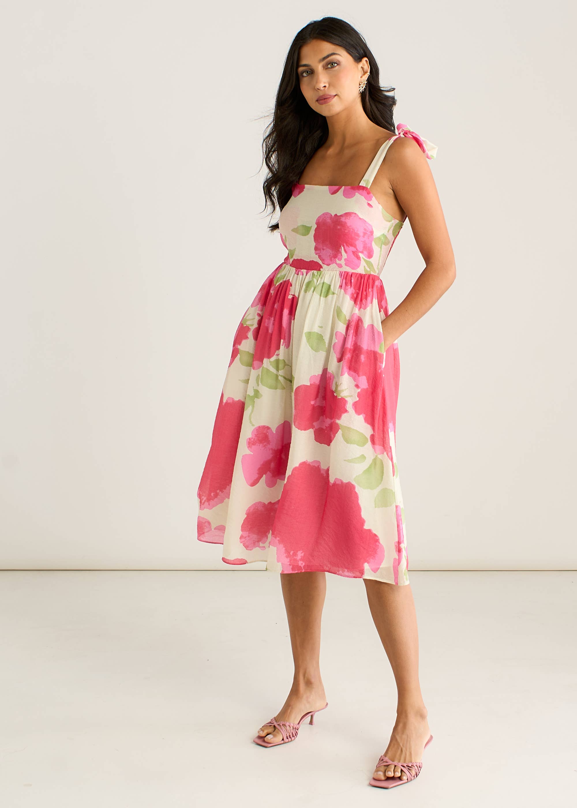 Pink Floral Tie Straps Midi Dress