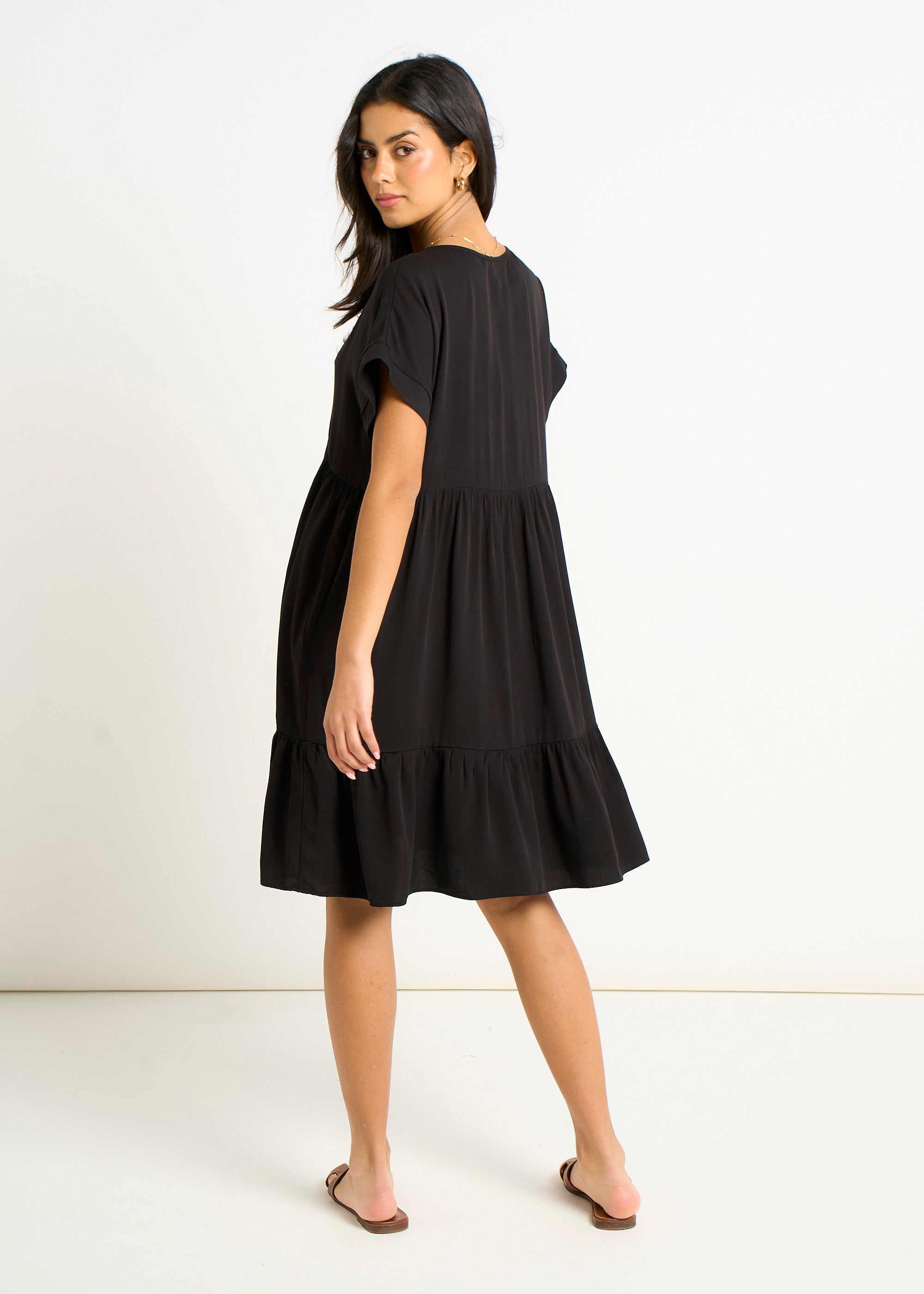 Black V Neck Tiered Mini Smock Dress