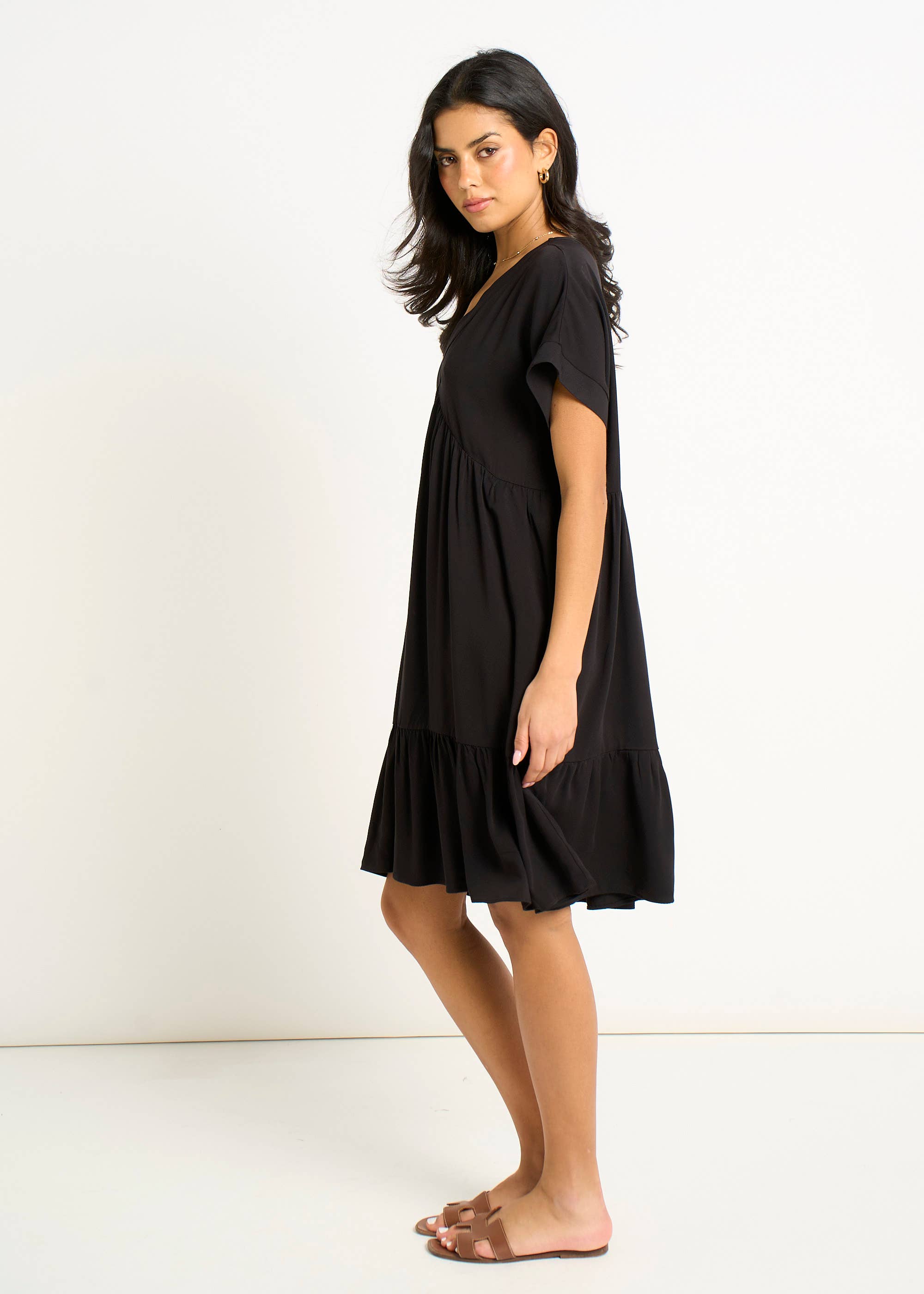 Black V Neck Tiered Mini Smock Dress