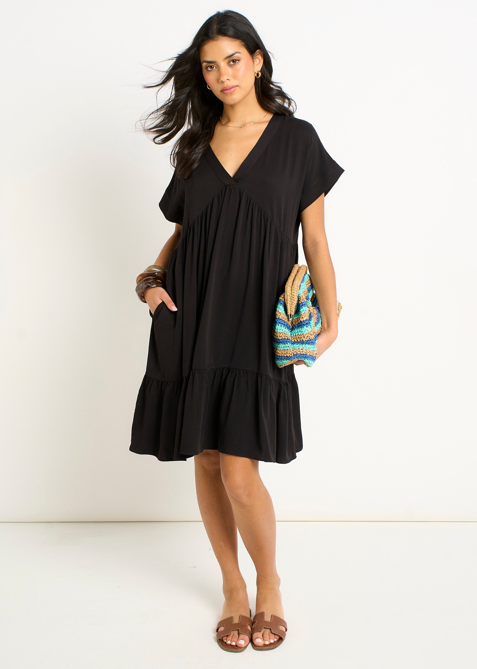 V Neck Tiered Mini Smock Dress