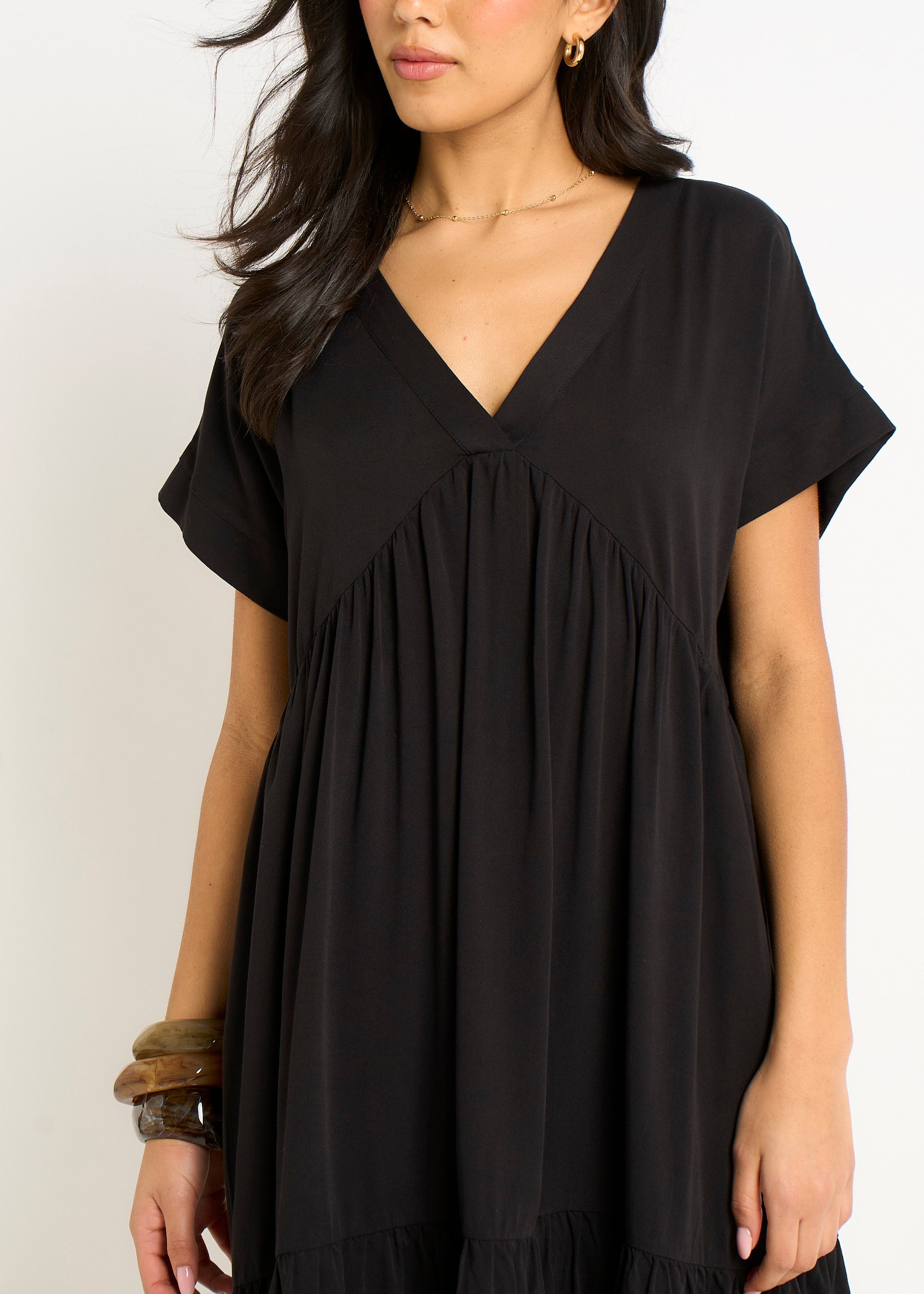 Black V Neck Tiered Mini Smock Dress