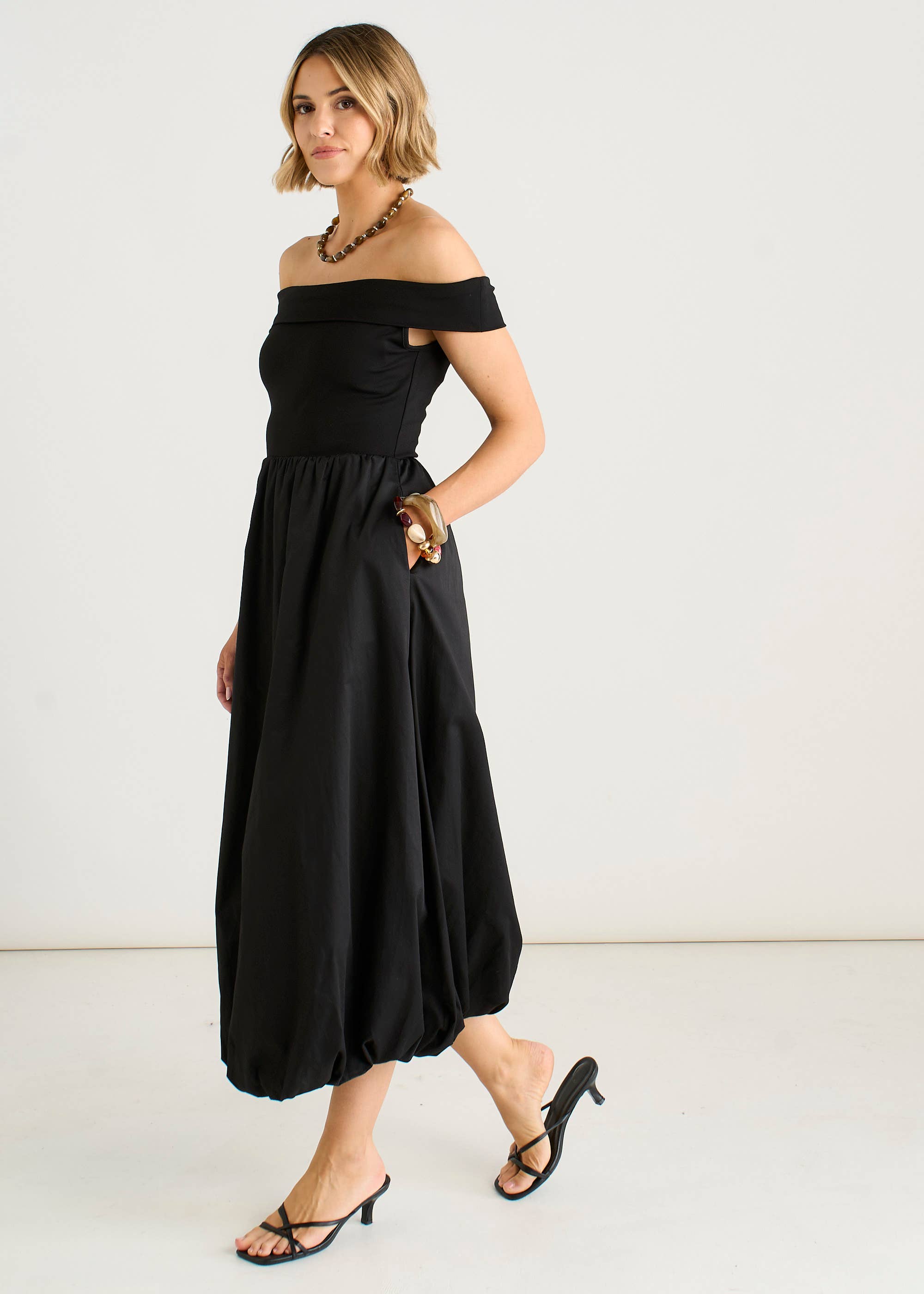 Black Bardot Jersey Mix Bubble Hem Midi Dress