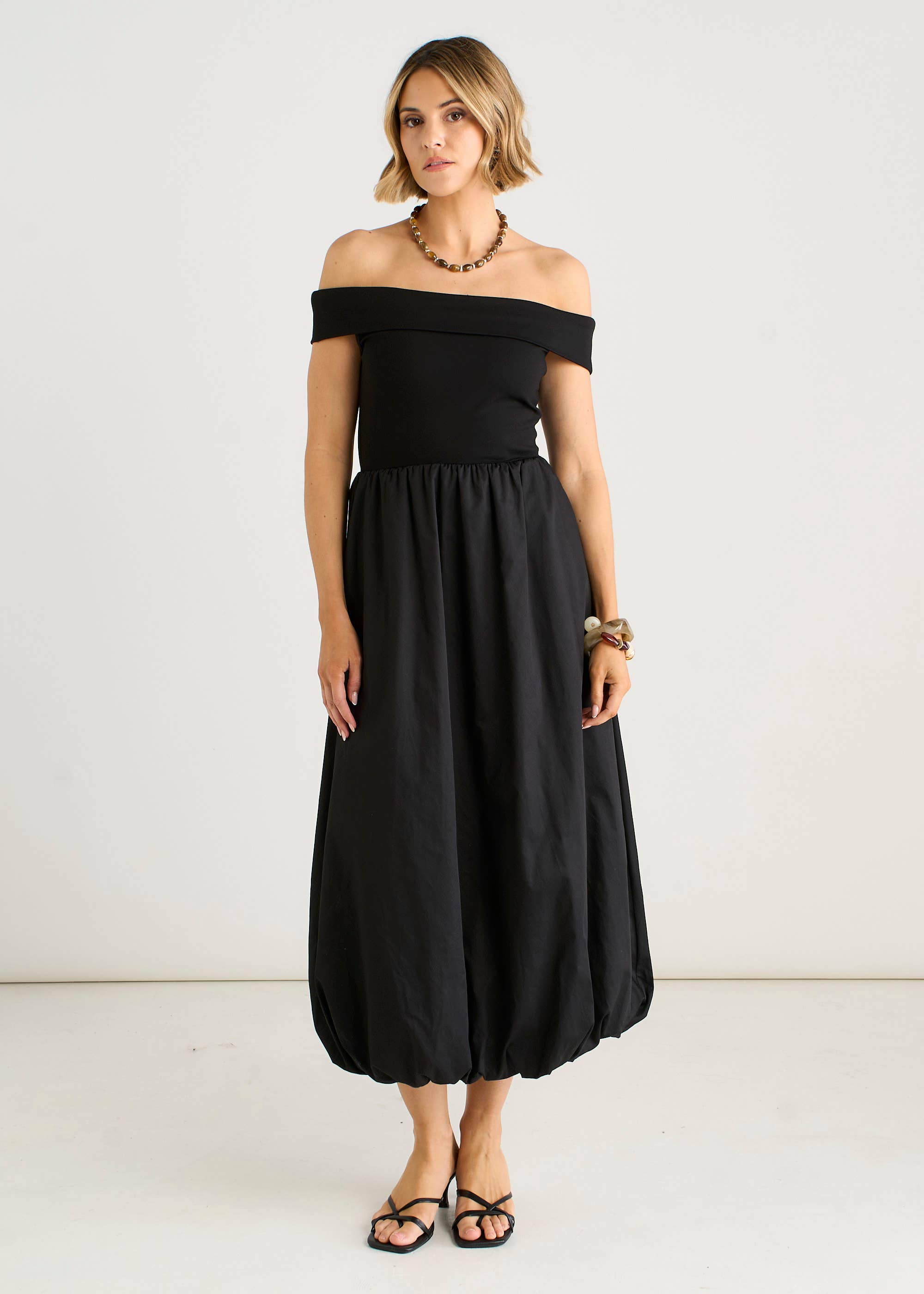 Black Bardot Jersey Mix Bubble Hem Midi Dress