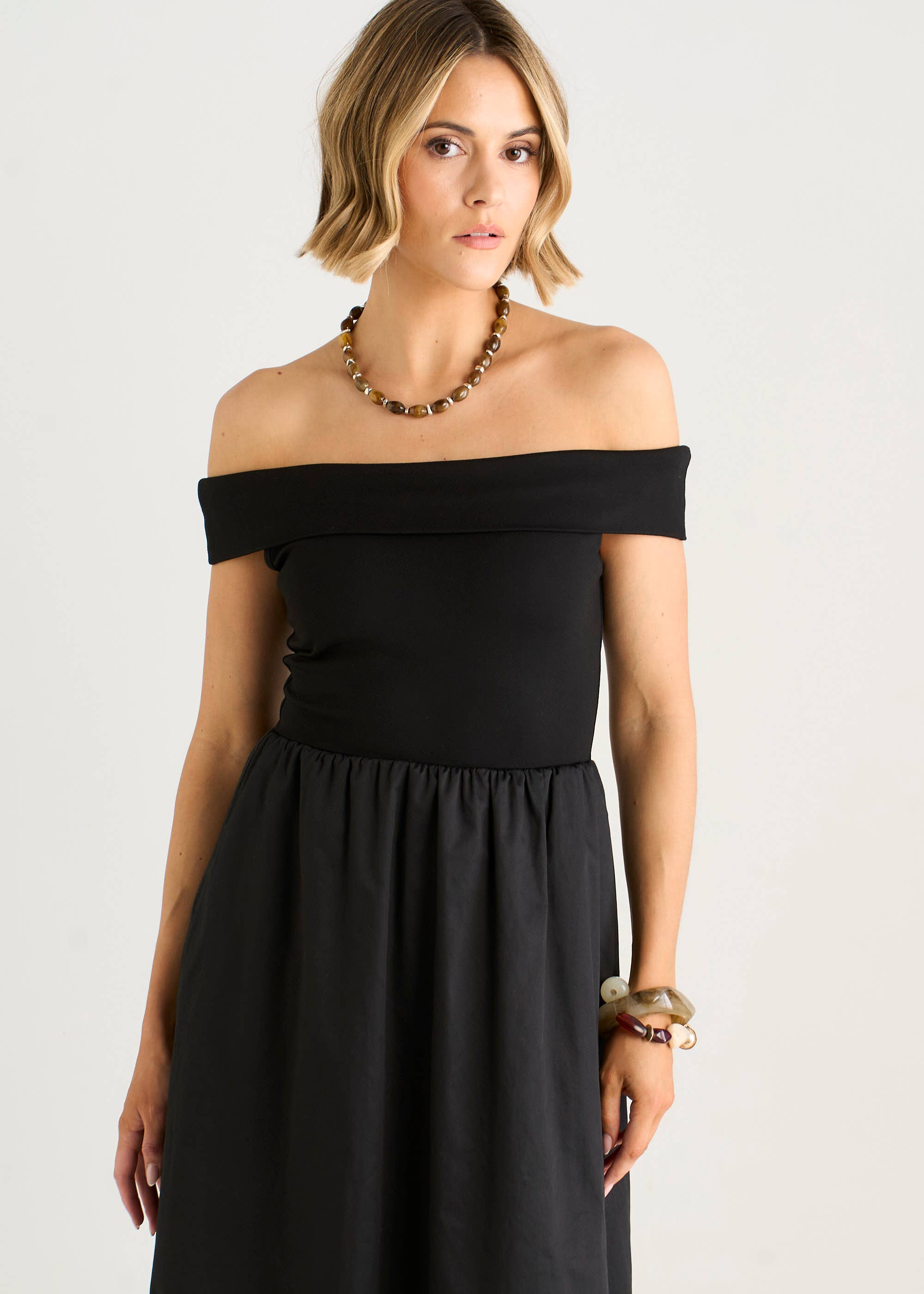Black Bardot Jersey Mix Bubble Hem Midi Dress