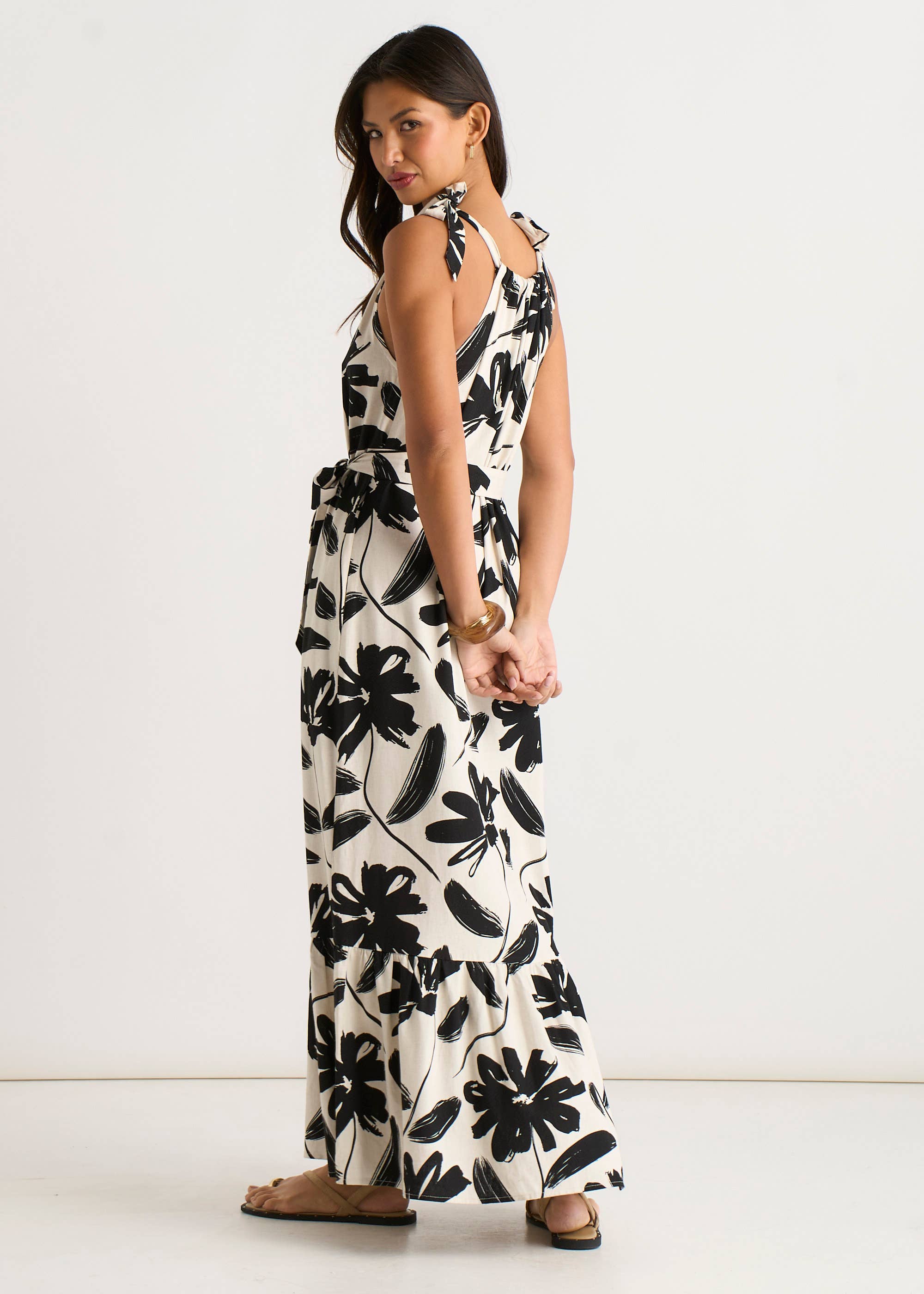 Mono Floral Print Tie-Shoulder Belted Trapeze Dress