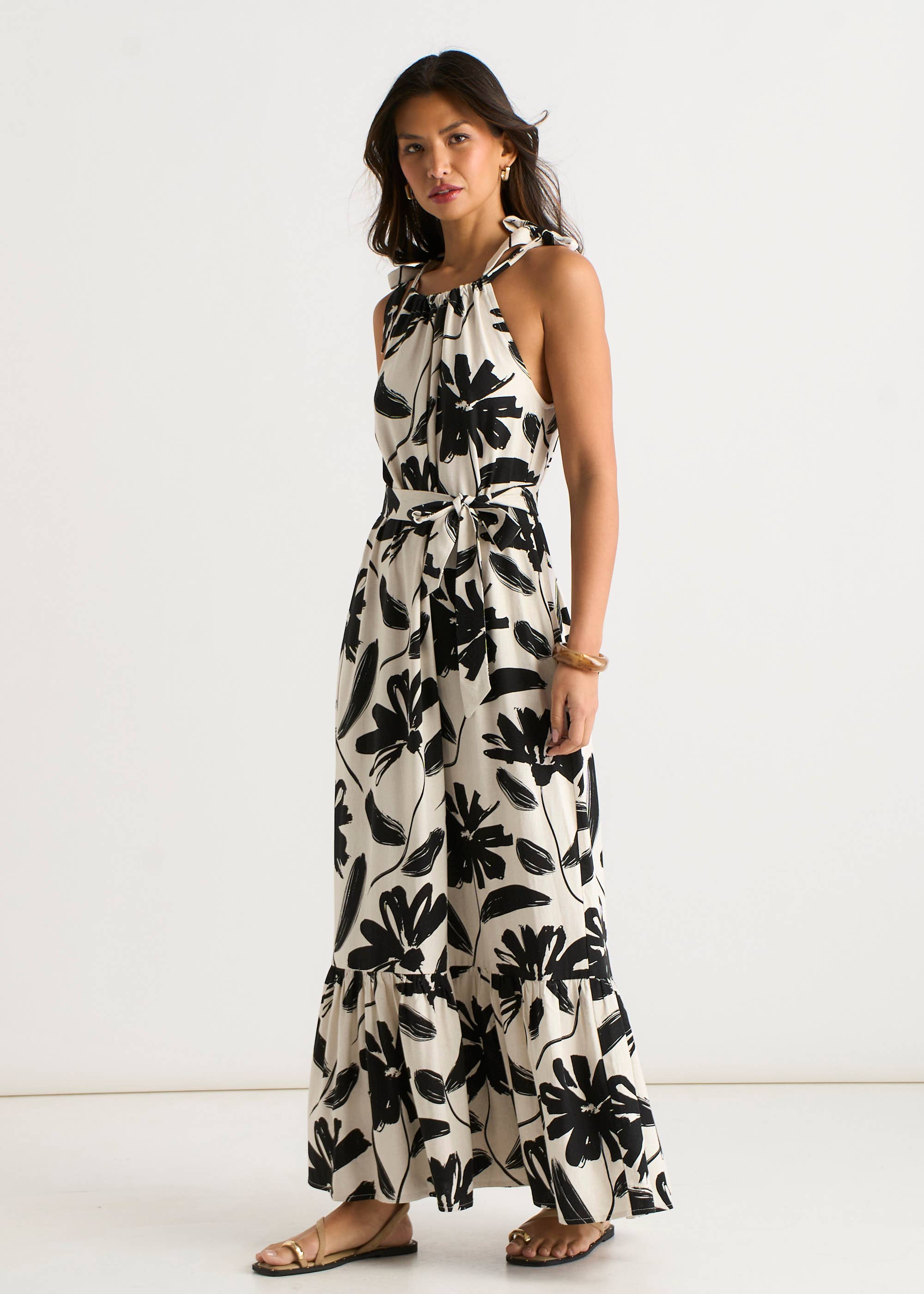 Mono Floral Print Tie-Shoulder Belted Trapeze Dress