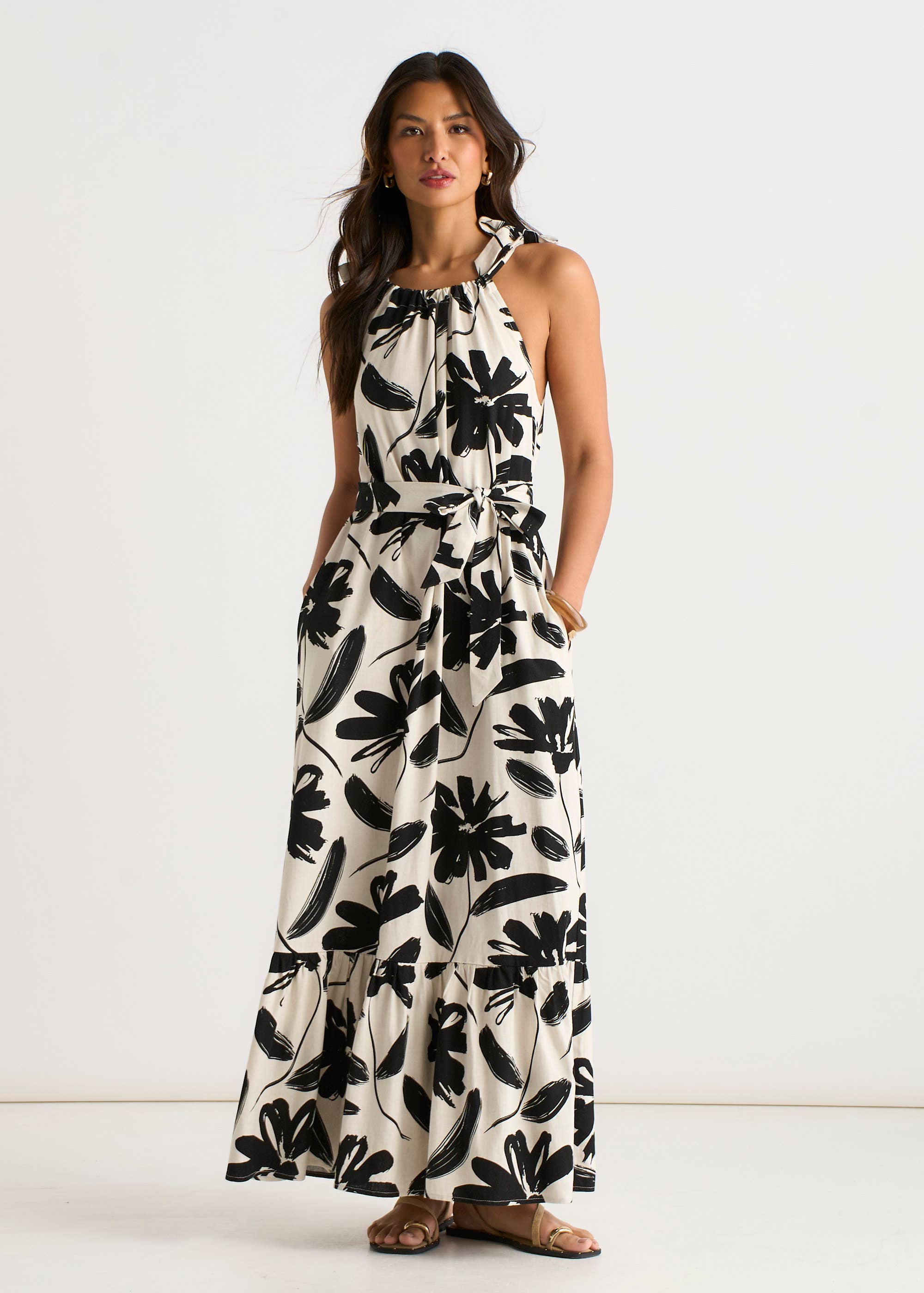 Mono Floral Print Tie-Shoulder Belted Trapeze Dress