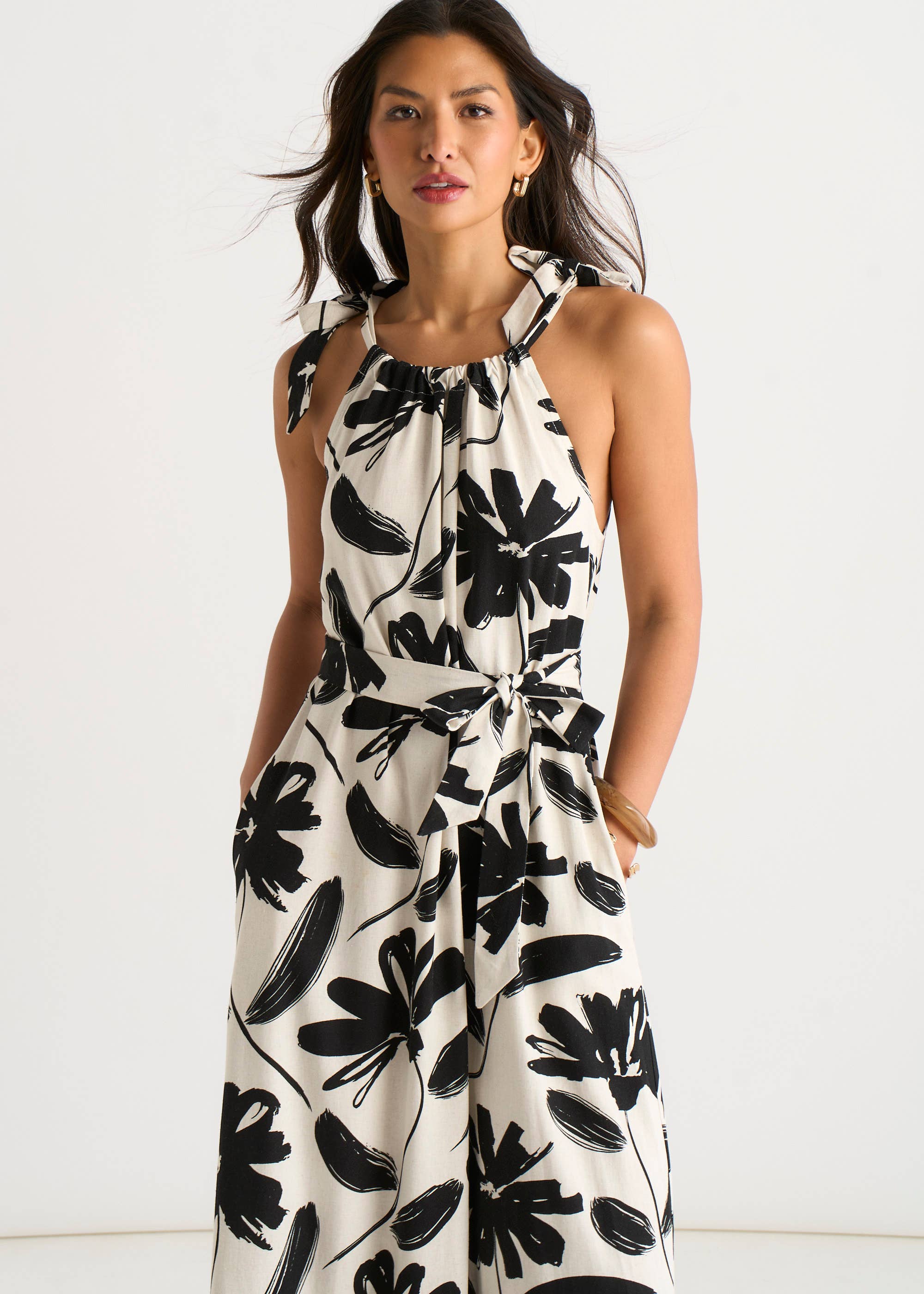 Mono Floral Print Tie-Shoulder Belted Trapeze Dress