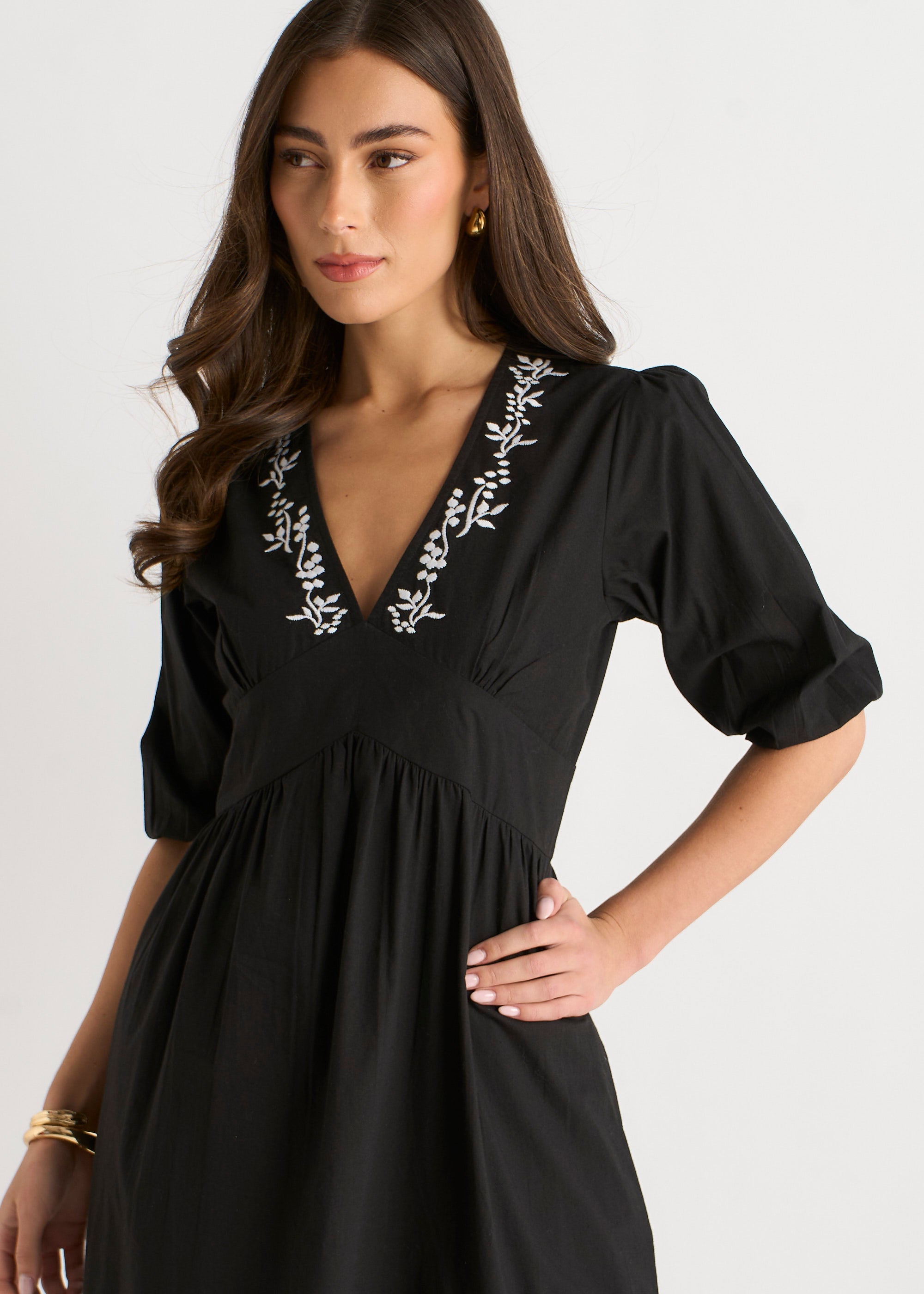 Black Puff Sleeve Cotton Embroidered Midi Dress