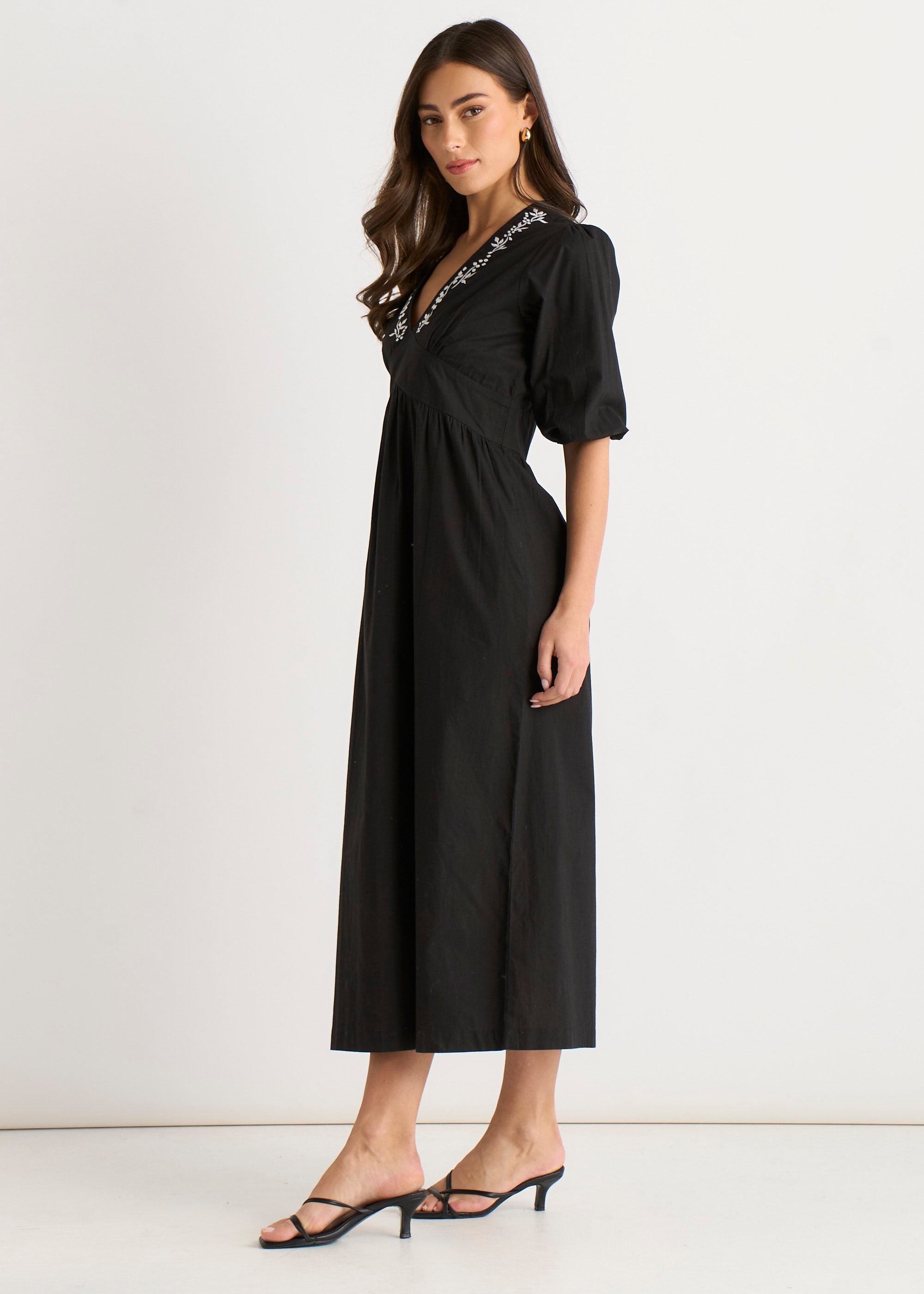 Black Puff Sleeve Cotton Embroidered Midi Dress