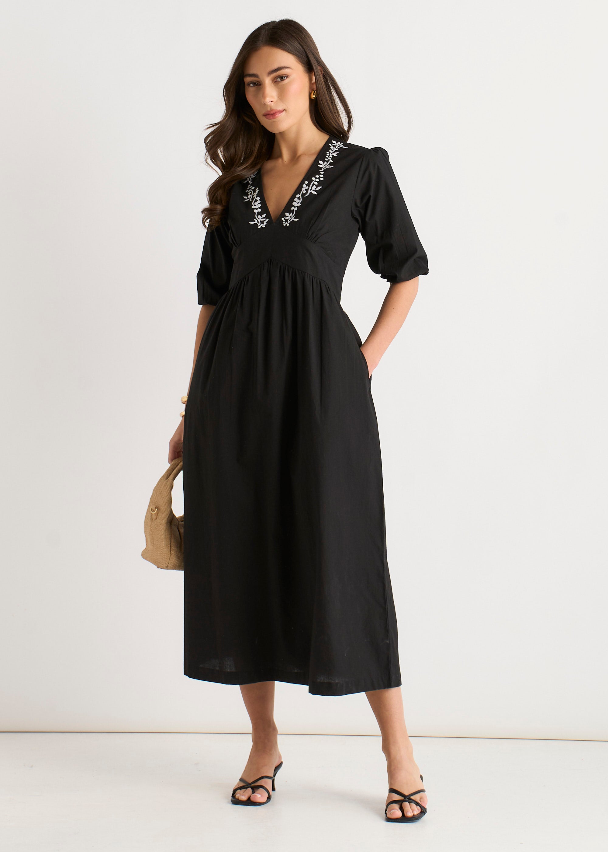 Black Puff Sleeve Cotton Embroidered Midi Dress