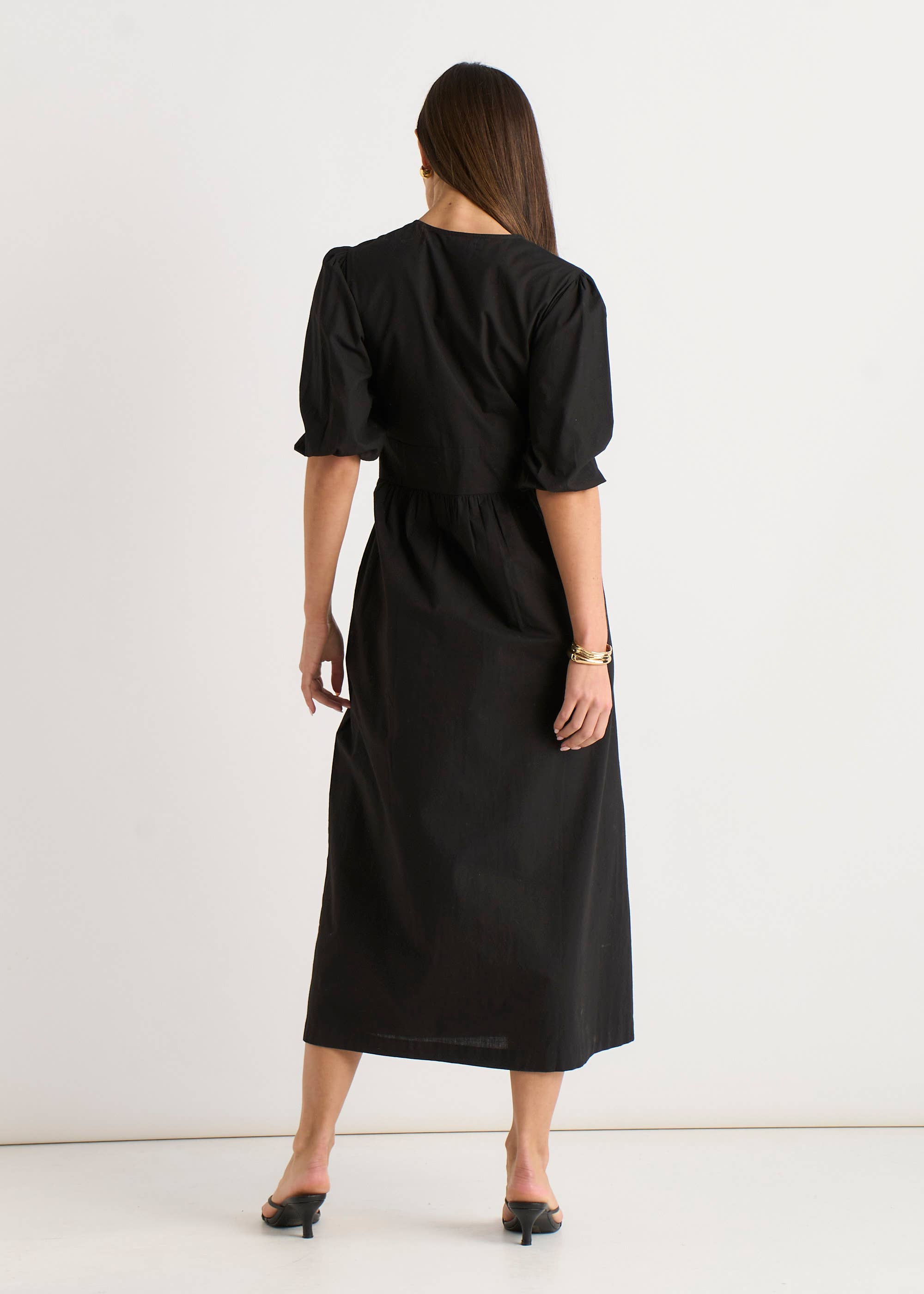 Black Puff Sleeve Cotton Embroidered Midi Dress