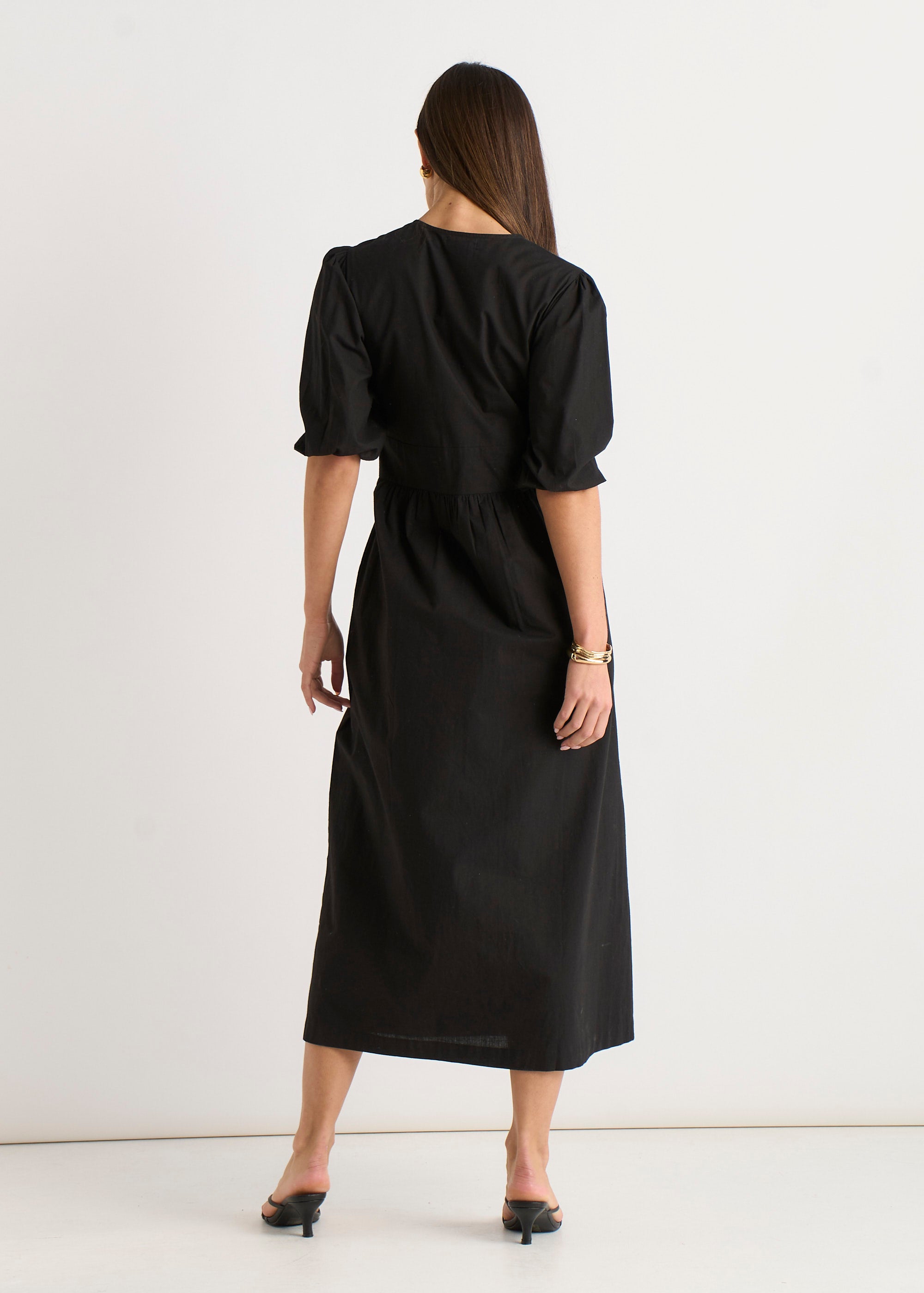 Black Puff Sleeve Cotton Embroidered Midi Dress