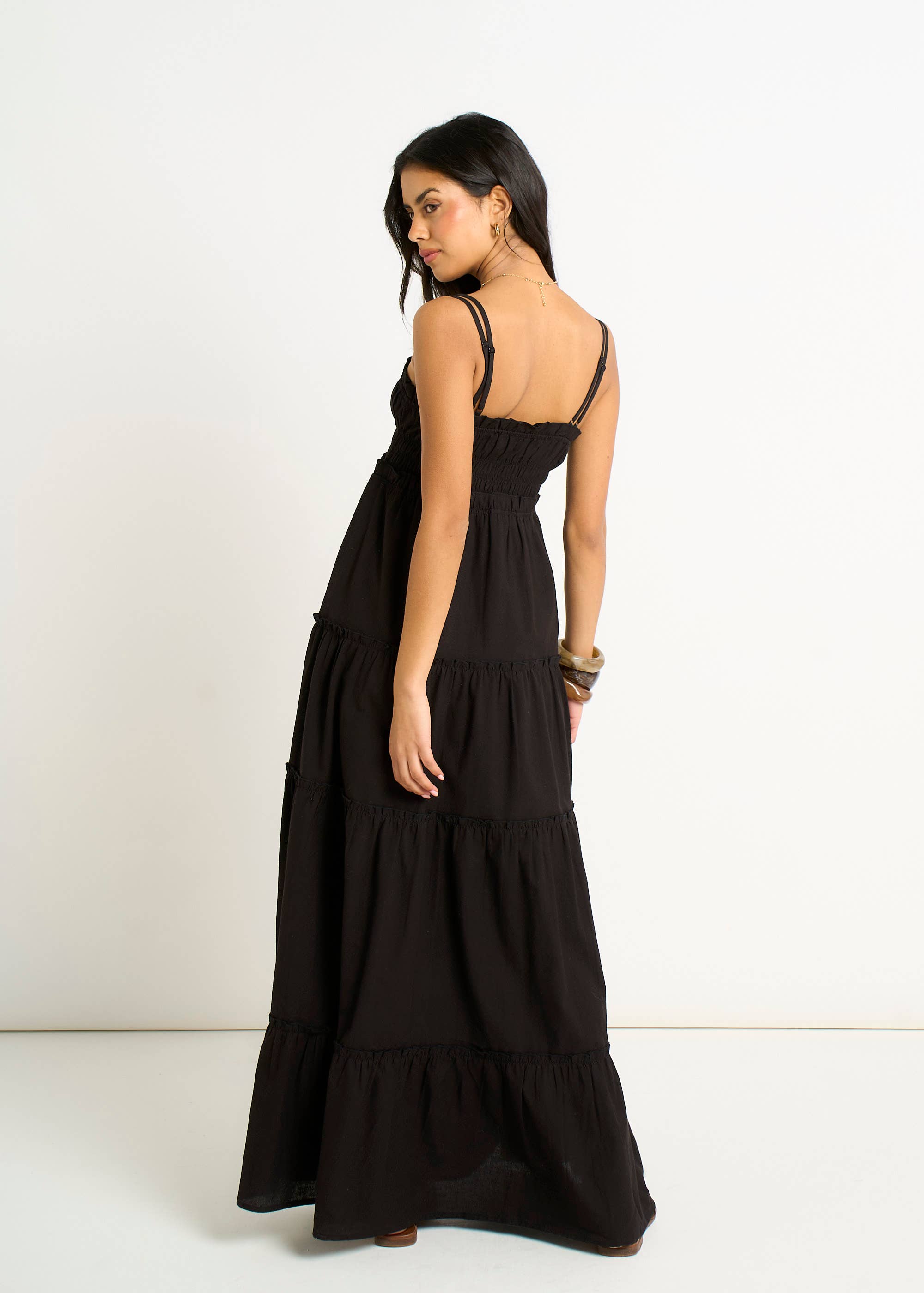 Black Cotton Shirred Strappy Flare Maxi Dress
