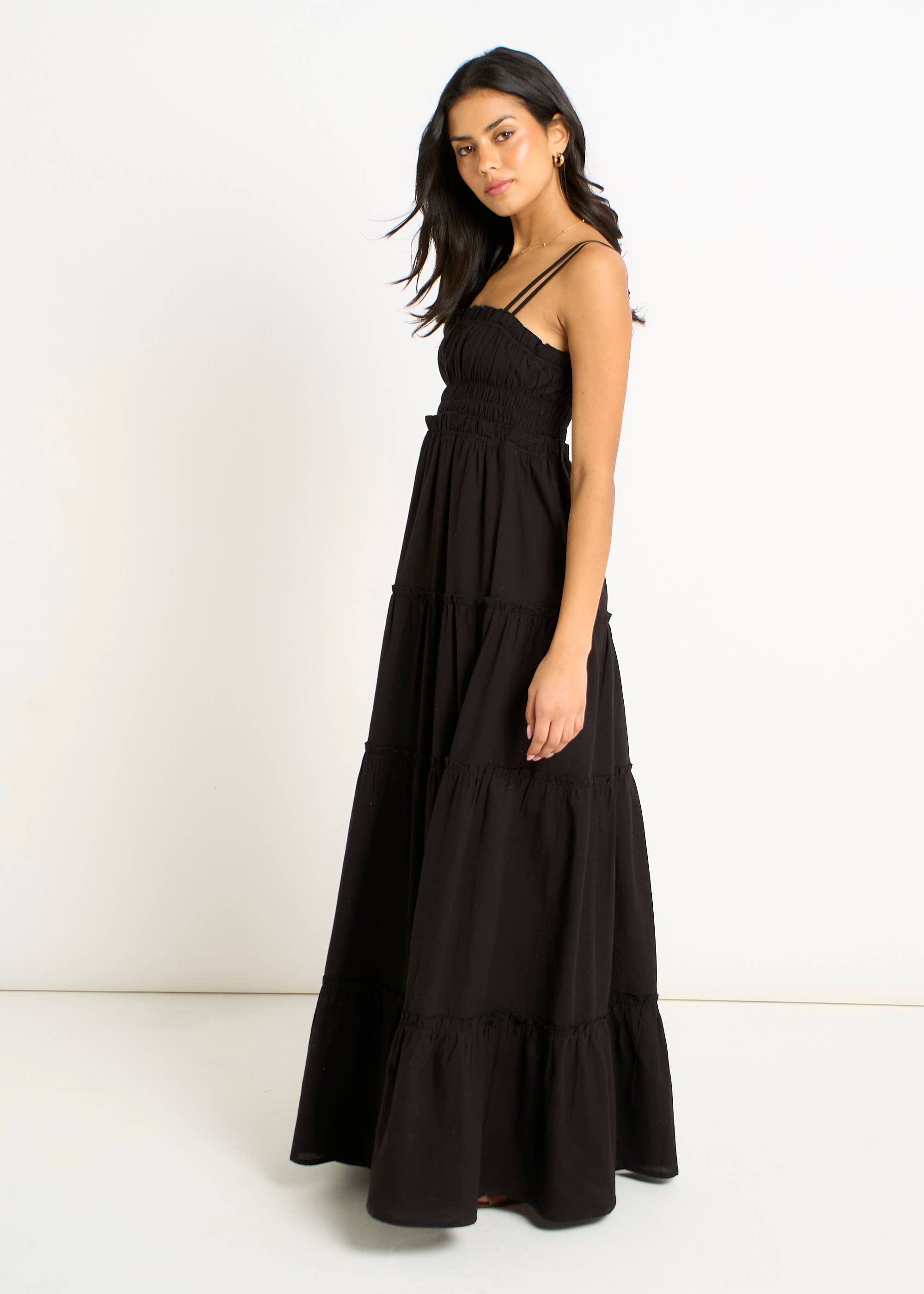 Black Cotton Shirred Strappy Flare Maxi Dress