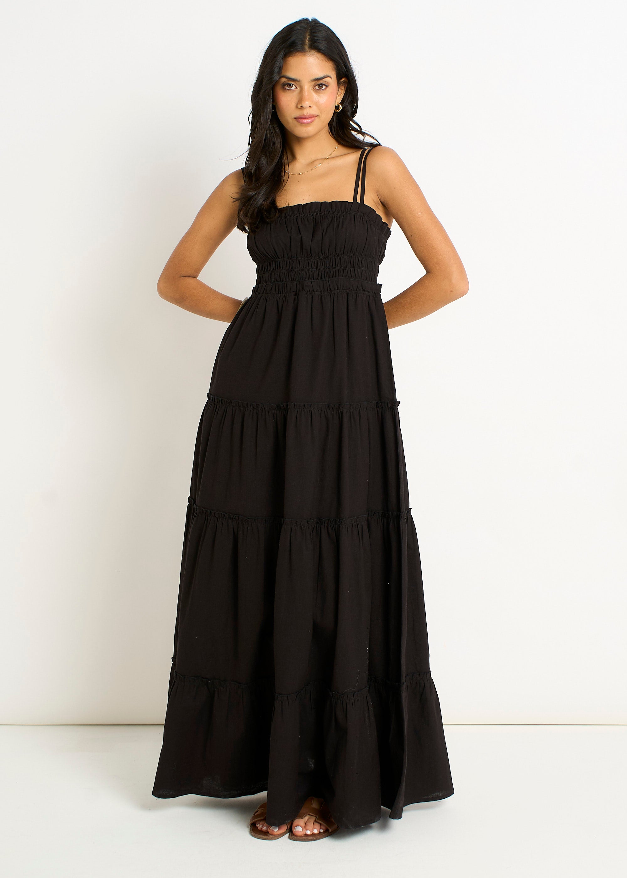 Cotton Shirred Strappy Flare Maxi Dress