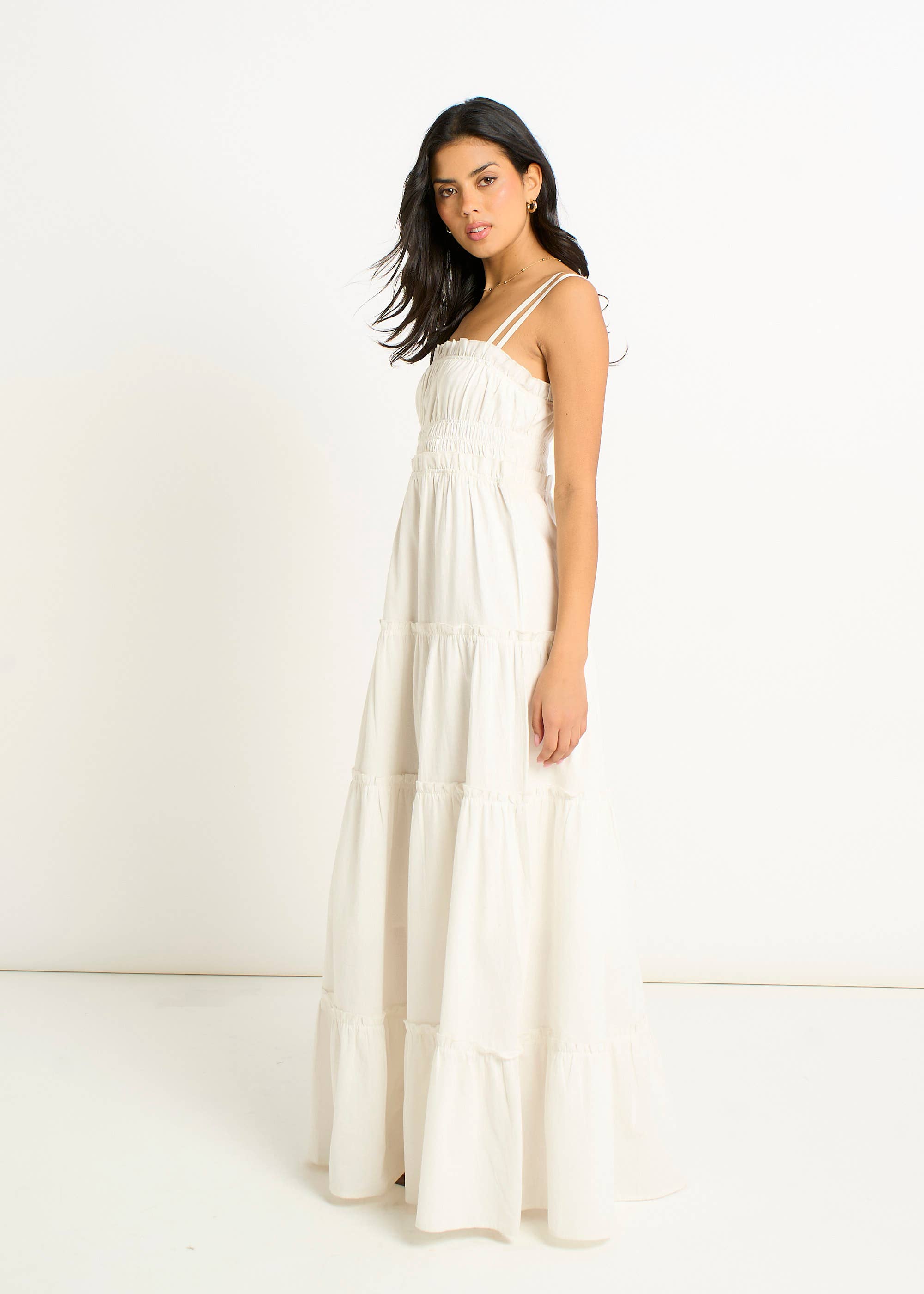 White Cotton Shirred Strappy Flare Maxi Dress